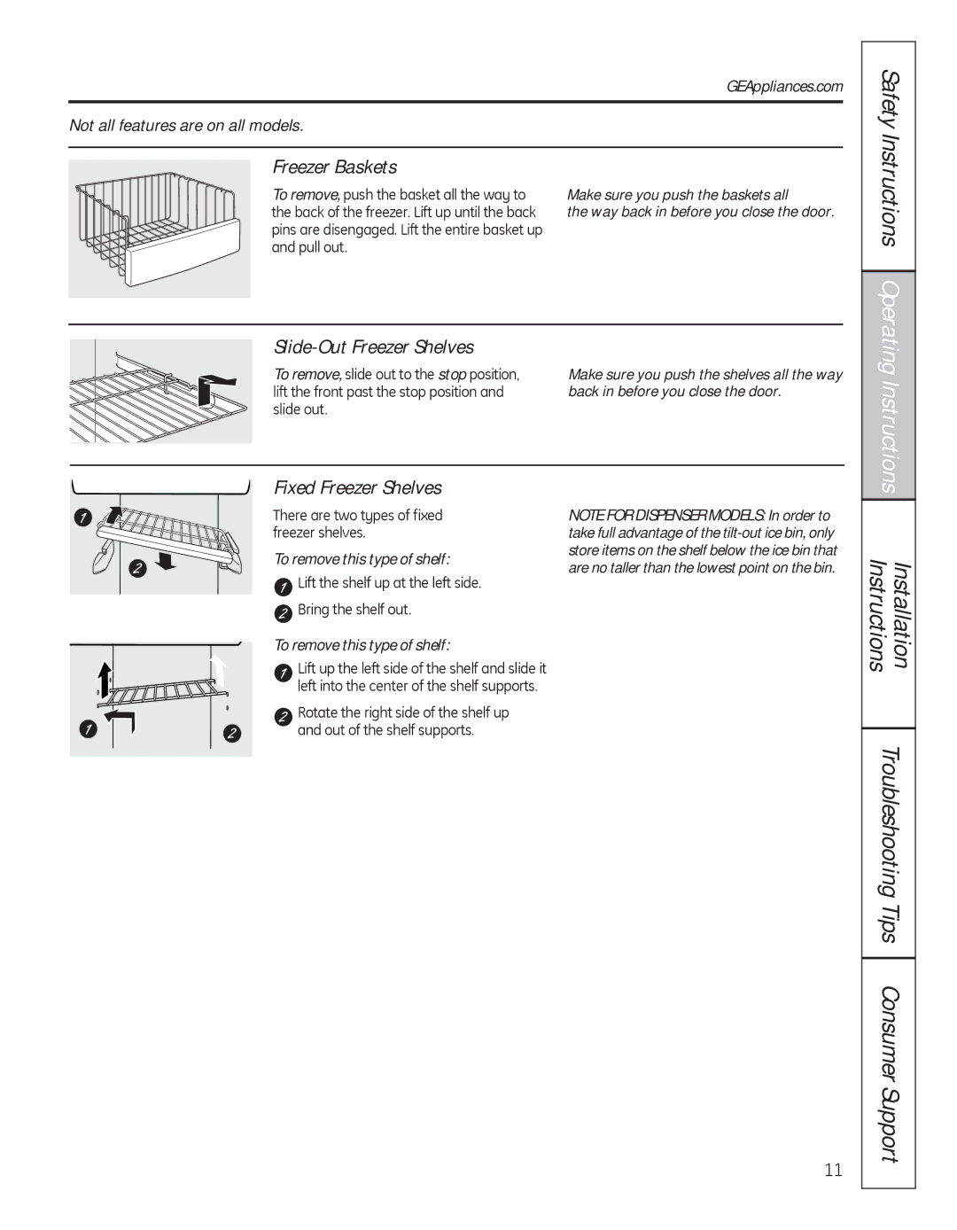 GE 200D8074P050 Freezer Baskets, Slide-Out Freezer Shelves, Fixed Freezer Shelves, To remove this type of shelf 