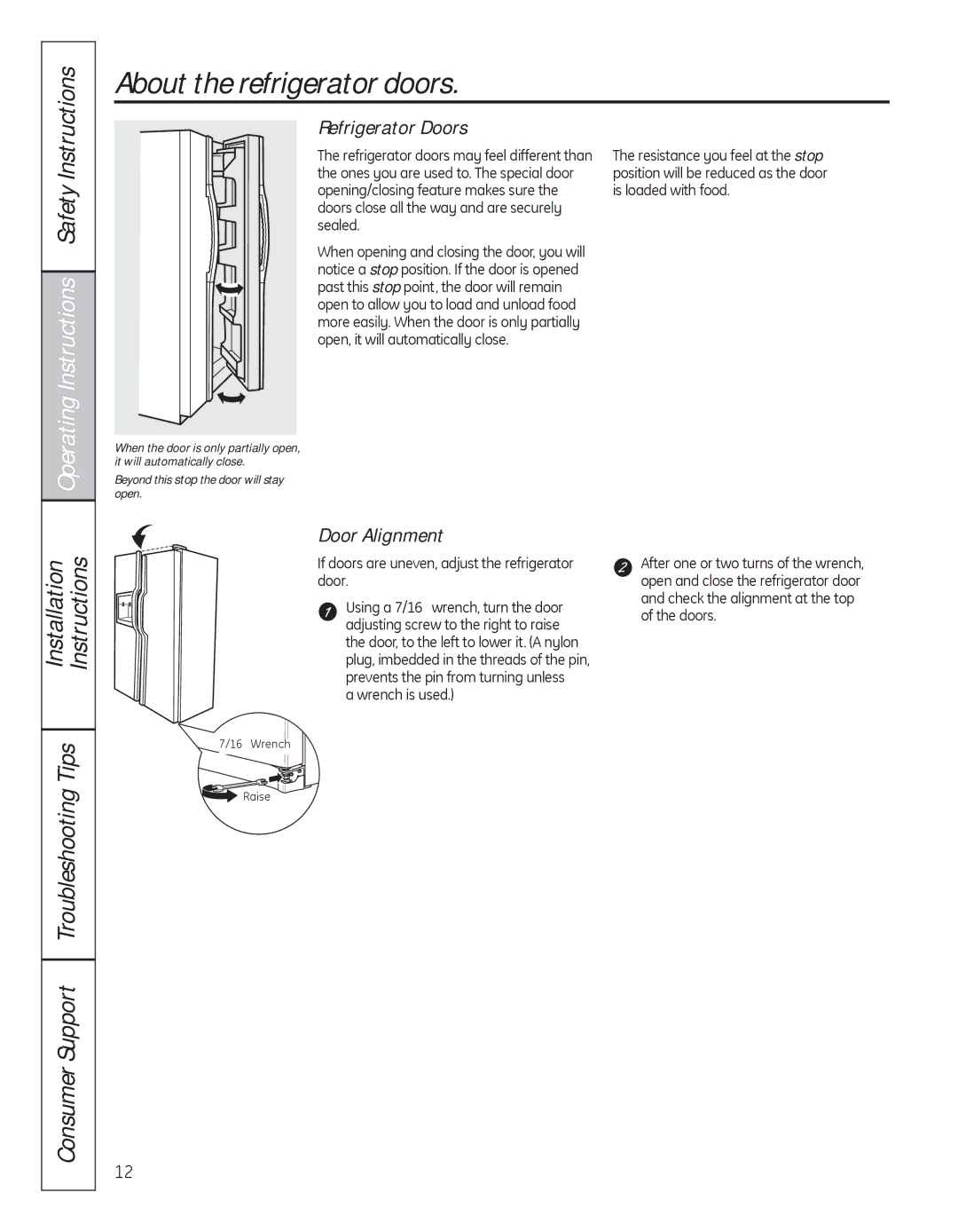 GE 200D8074P050 About the refrigerator doors, Operating Instructions Safety Instructions, Refrigerator Doors 