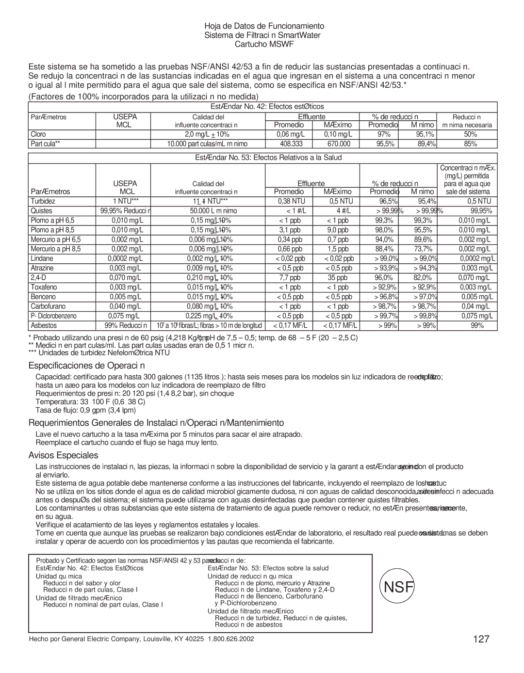 GE 200D8074P050 installation instructions Especificaciones de Operación, Avisos Especiales 