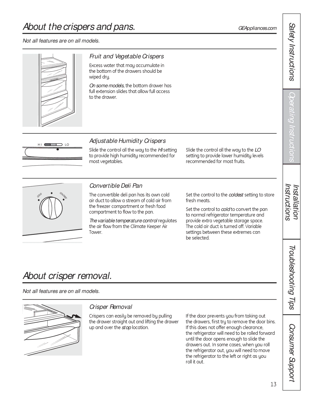 GE 200D8074P050 About the crispers and pans, About crisper removal, Safety Instructions Operating Instructions 