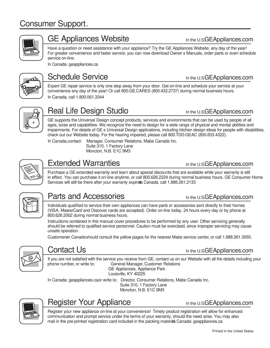 GE 200D8074P050 installation instructions Consumer Support, U.S. GEAppliances.com 