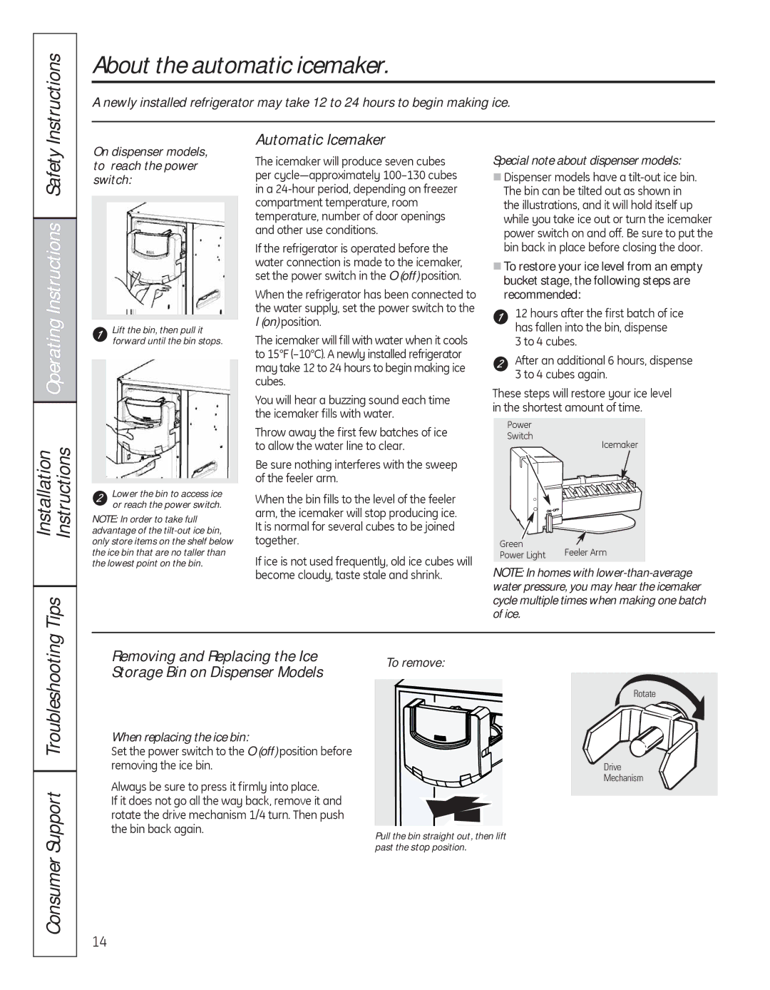 GE 200D8074P050 About the automatic icemaker, Automatic Icemaker, On dispenser models, to reach the power switch 