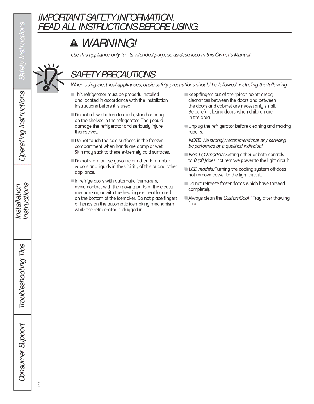 GE 200D8074P050 installation instructions Safety Instructions, Consumer Support Troubleshooting Tips 