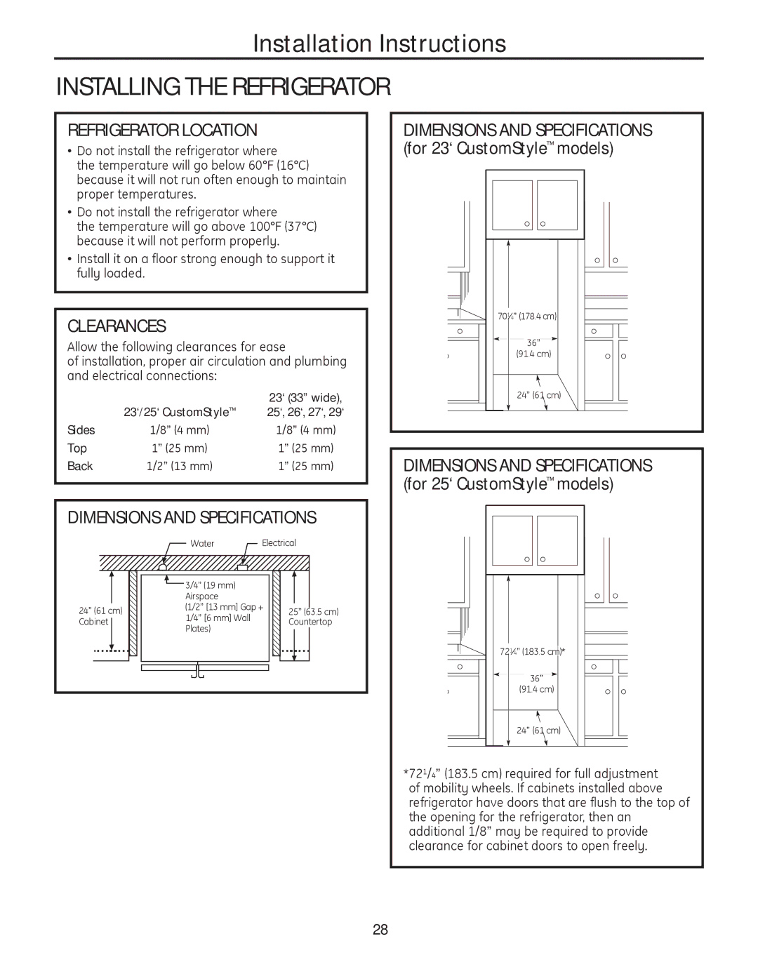 GE 200D8074P050 Installing the Refrigerator, Refrigerator Location, Clearances, Dimensions and Specifications 