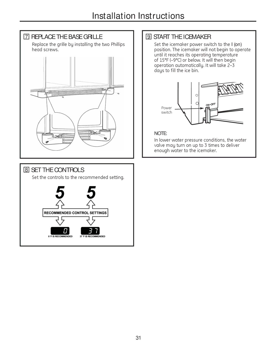 GE 200D8074P050 Replace the Base Grille, SET the Controls, Start the Icemaker, Set the controls to the recommended setting 