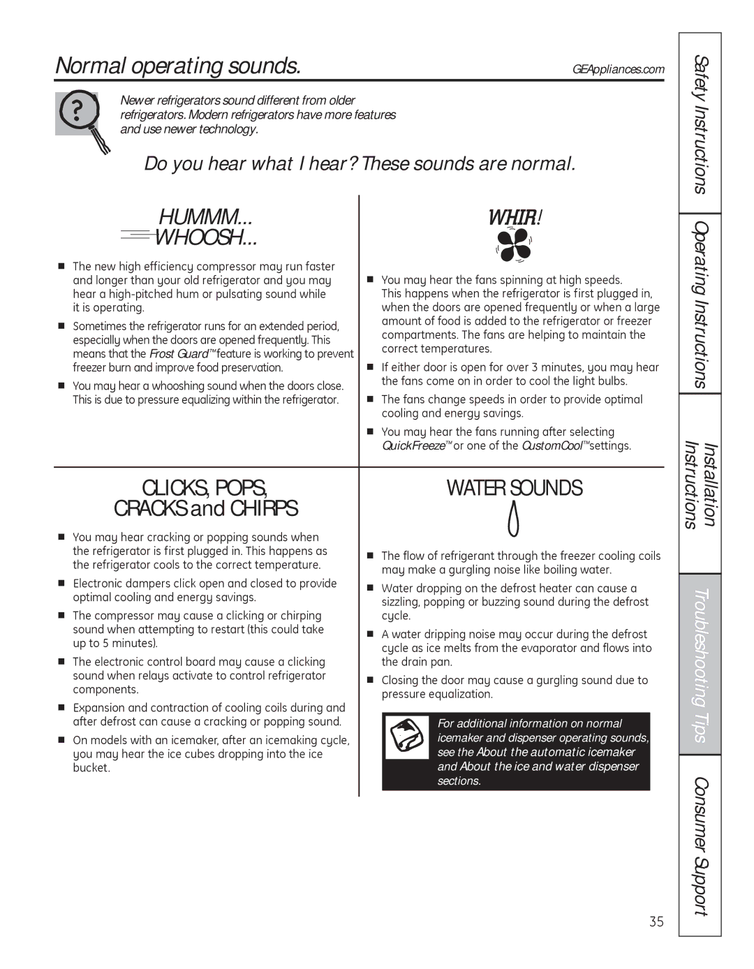 GE 200D8074P050 installation instructions Normal operating sounds, Troubleshooting Tips Consumer Support 