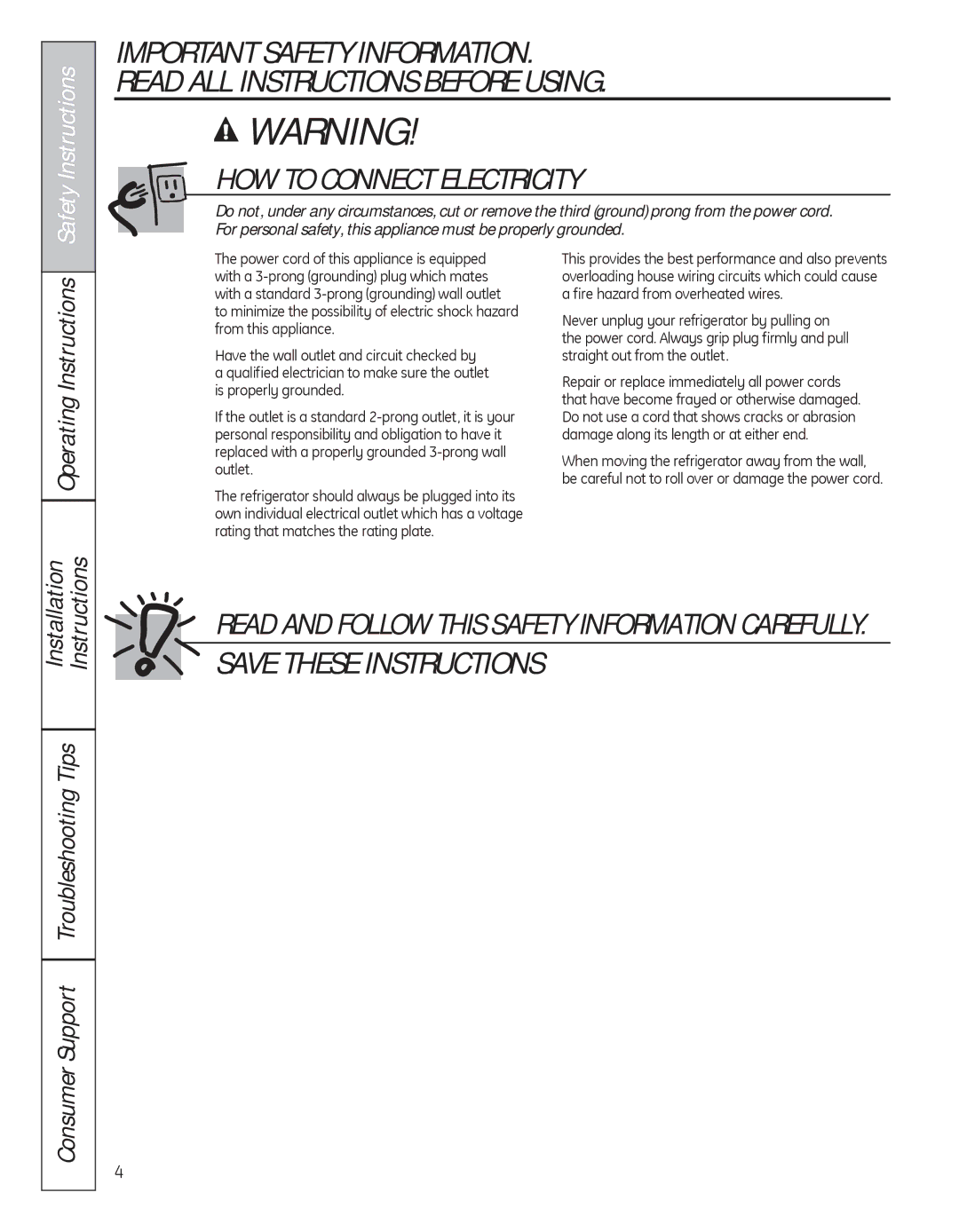 GE 200D8074P050 installation instructions HOW to Connect Electricity, Operating Instructions 