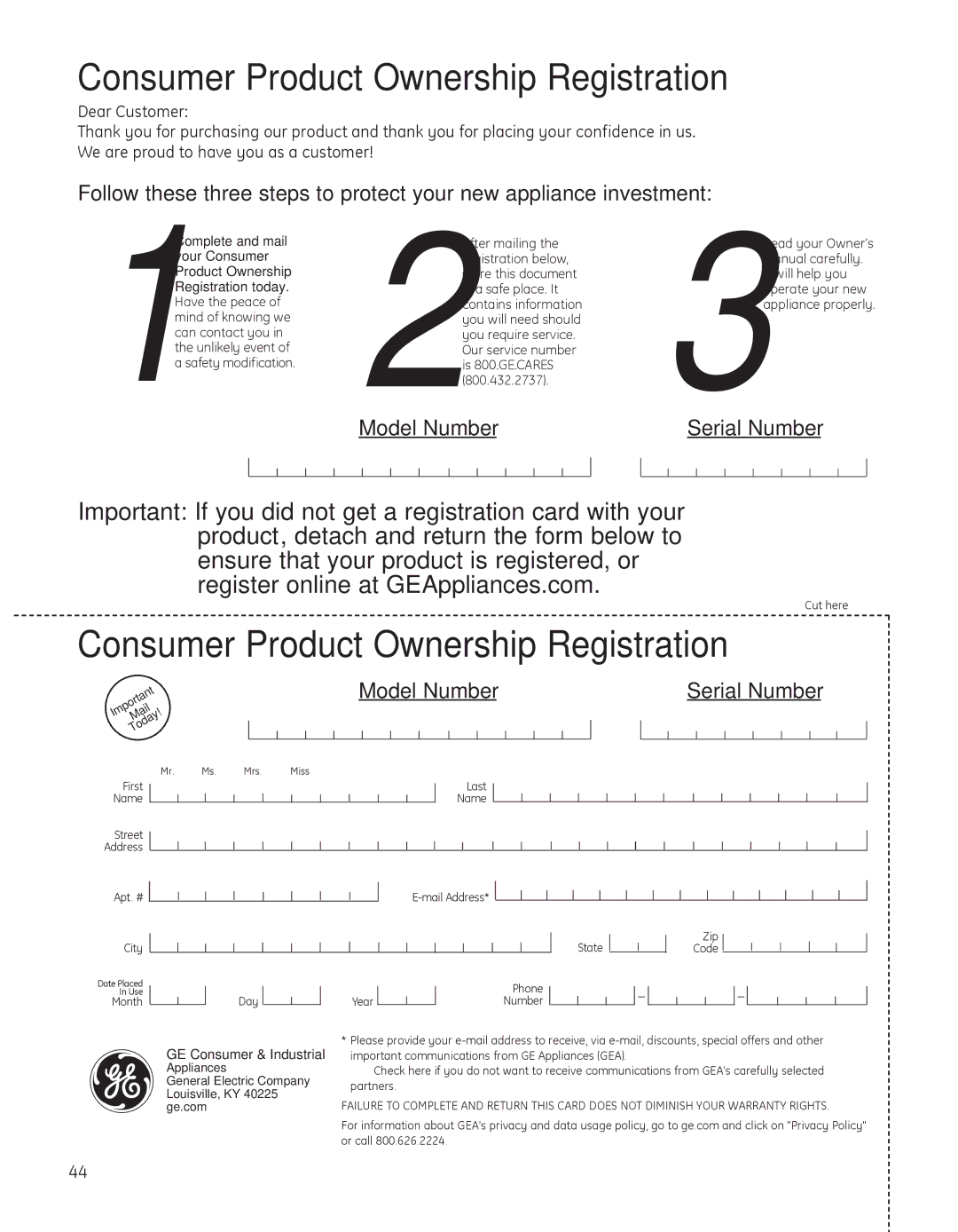 GE 200D8074P050 installation instructions Consumer Product Ownership Registration 