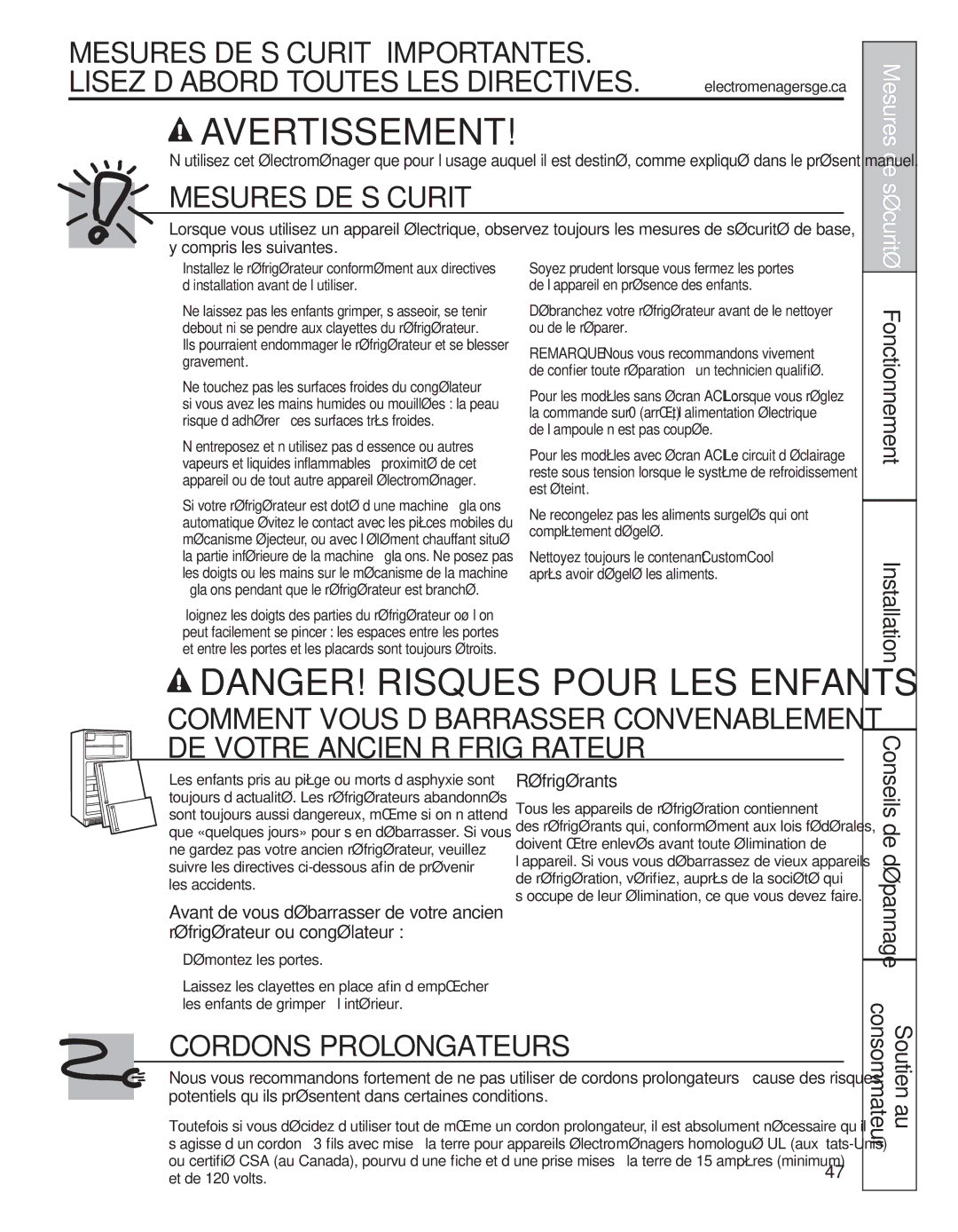 GE 200D8074P050 installation instructions Fonctionnement, Conseils de dépannage Soutien, Réfrigérants 