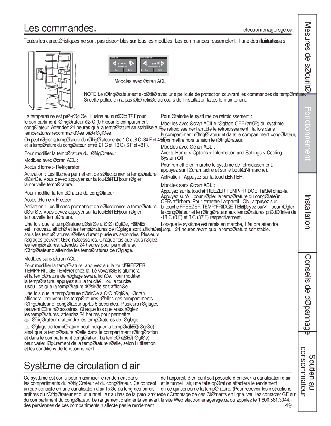 GE 200D8074P050 Les commandes, Mesures de sécurité, Fonctionnement, Installation Conseils de dépannage 