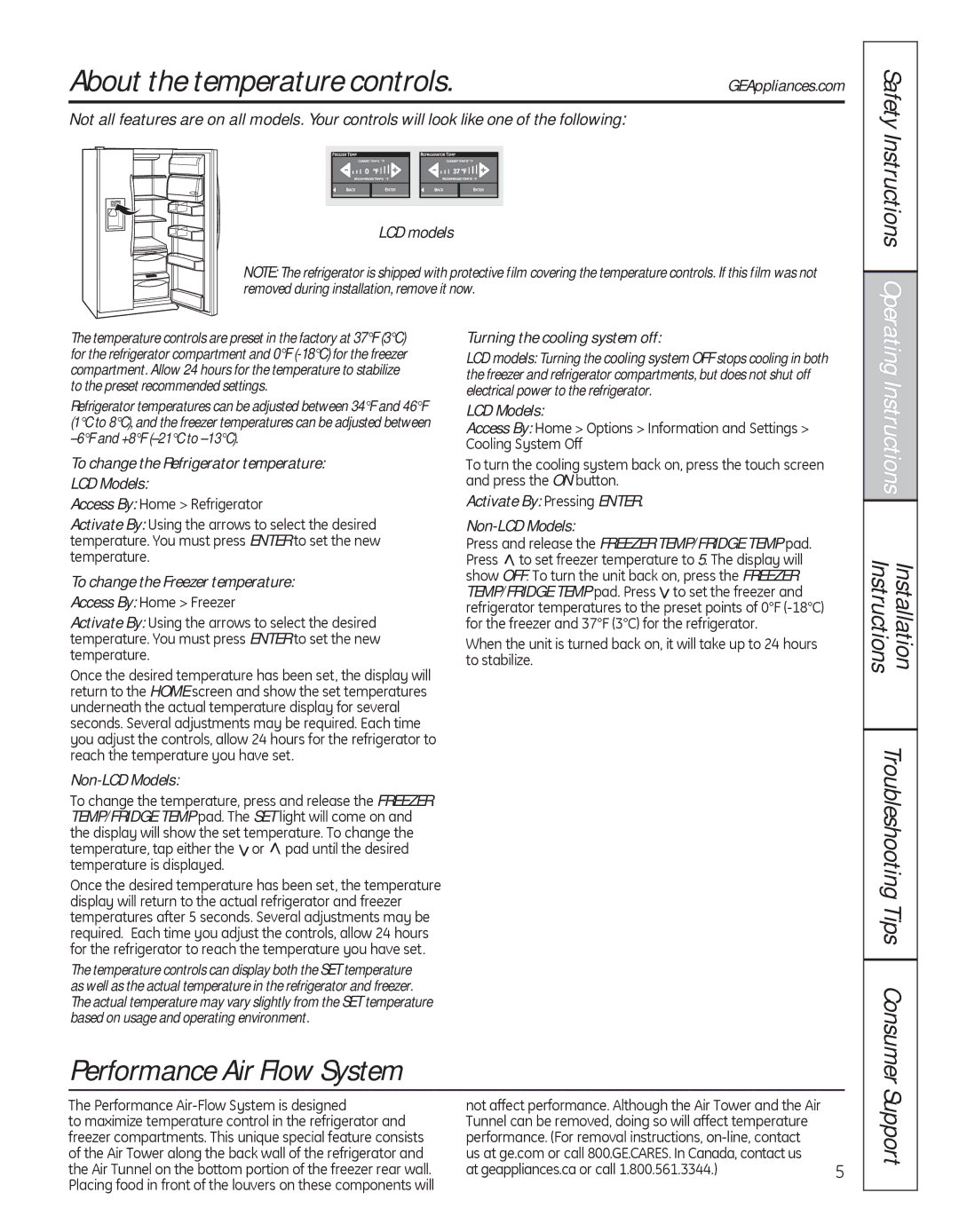 GE 200D8074P050 About the temperature controls, Support, Safety Instructions Operating, Troubleshooting Tips Consumer 