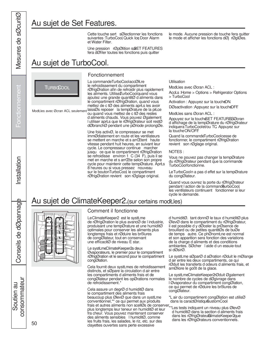 GE 200D8074P050 Au sujet de Set Features, Au sujet de TurboCool, Au sujet de ClimateKeeper2. sur certains modèles 