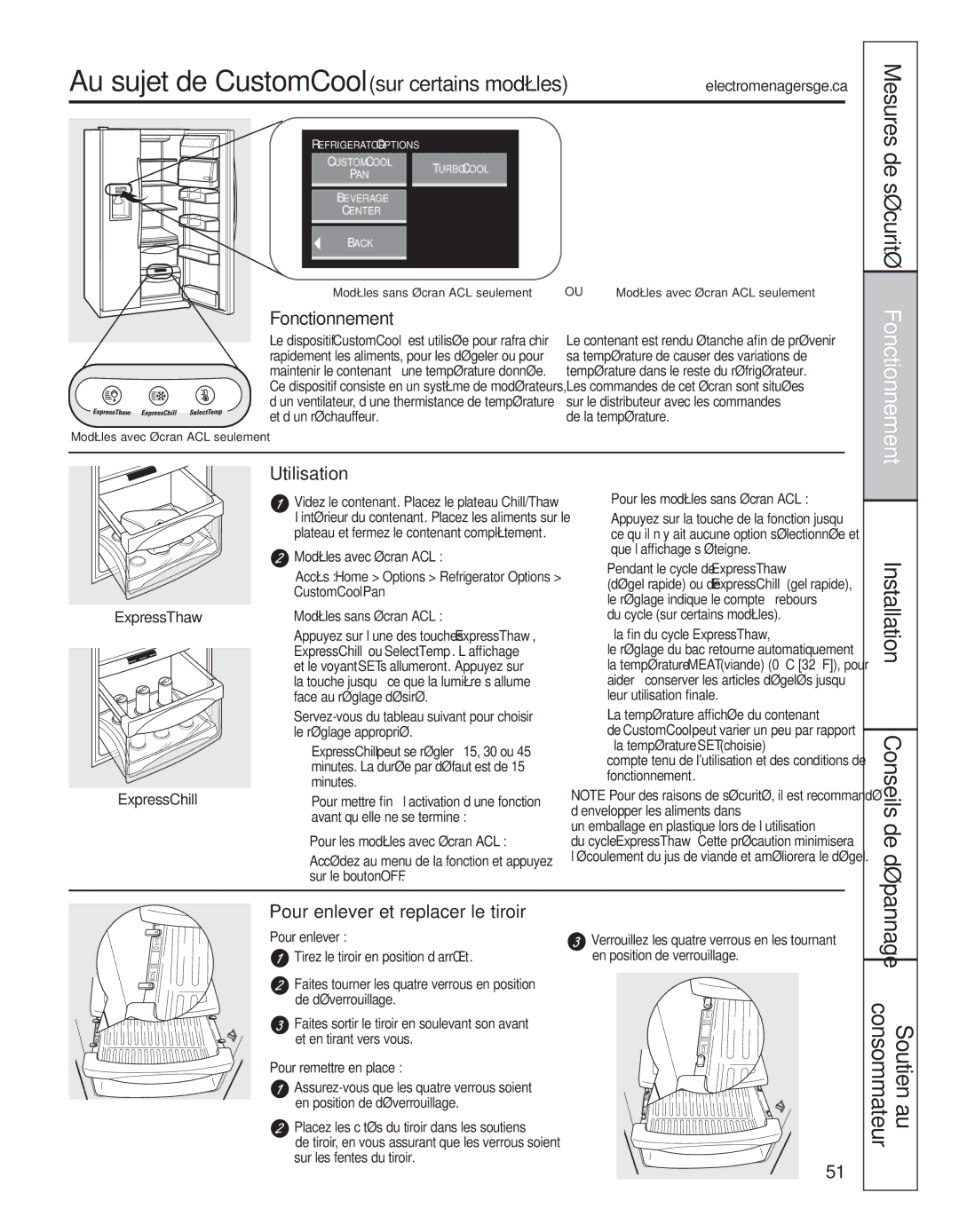 GE 200D8074P050 Au sujet de CustomCool.sur certains modèles, De sécurité Fonctionnement, Mesures, Utilisation 