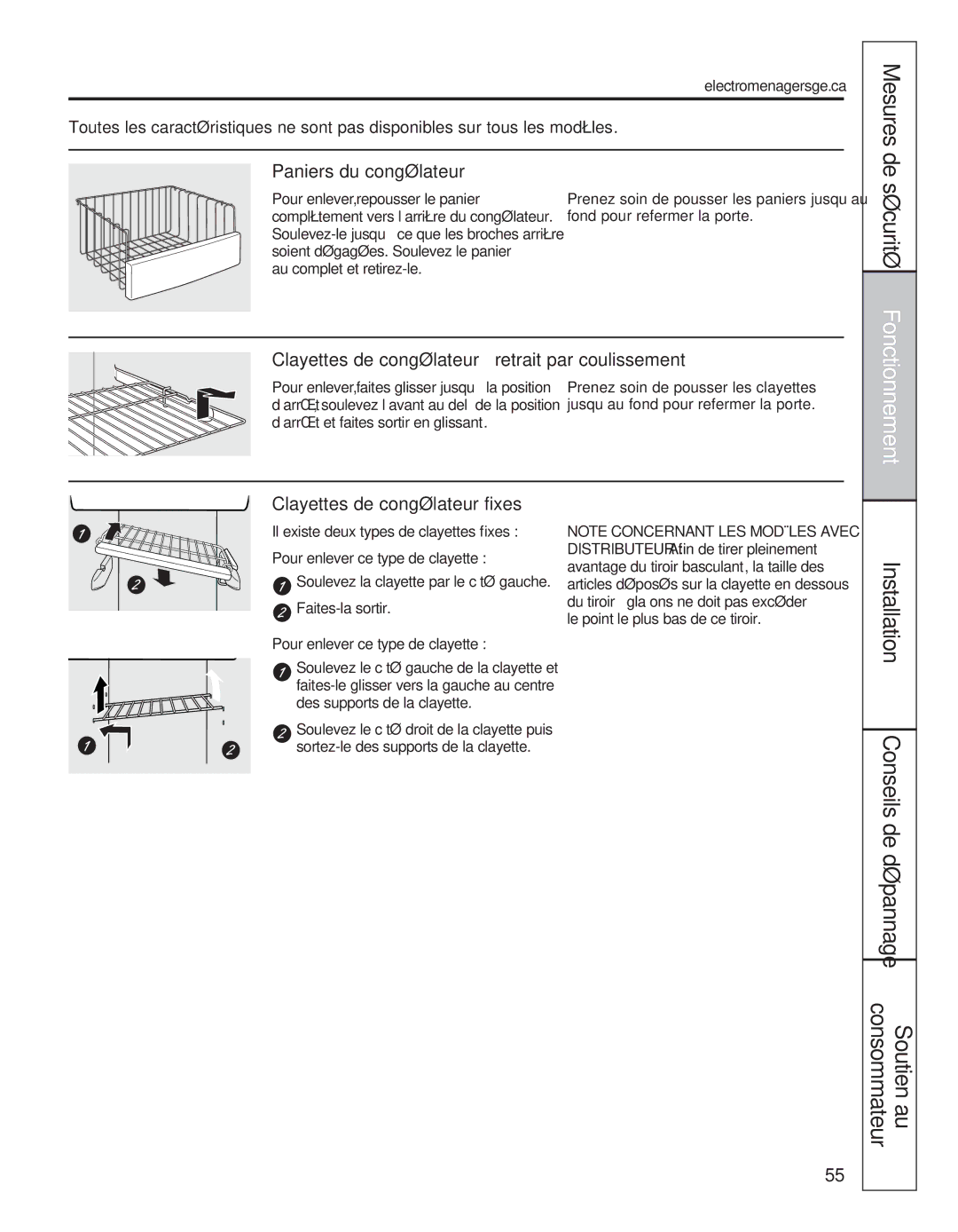 GE 200D8074P050 Sécurité, Paniers du congélateur, Clayettes de congélateur à retrait par coulissement, Mesures de 