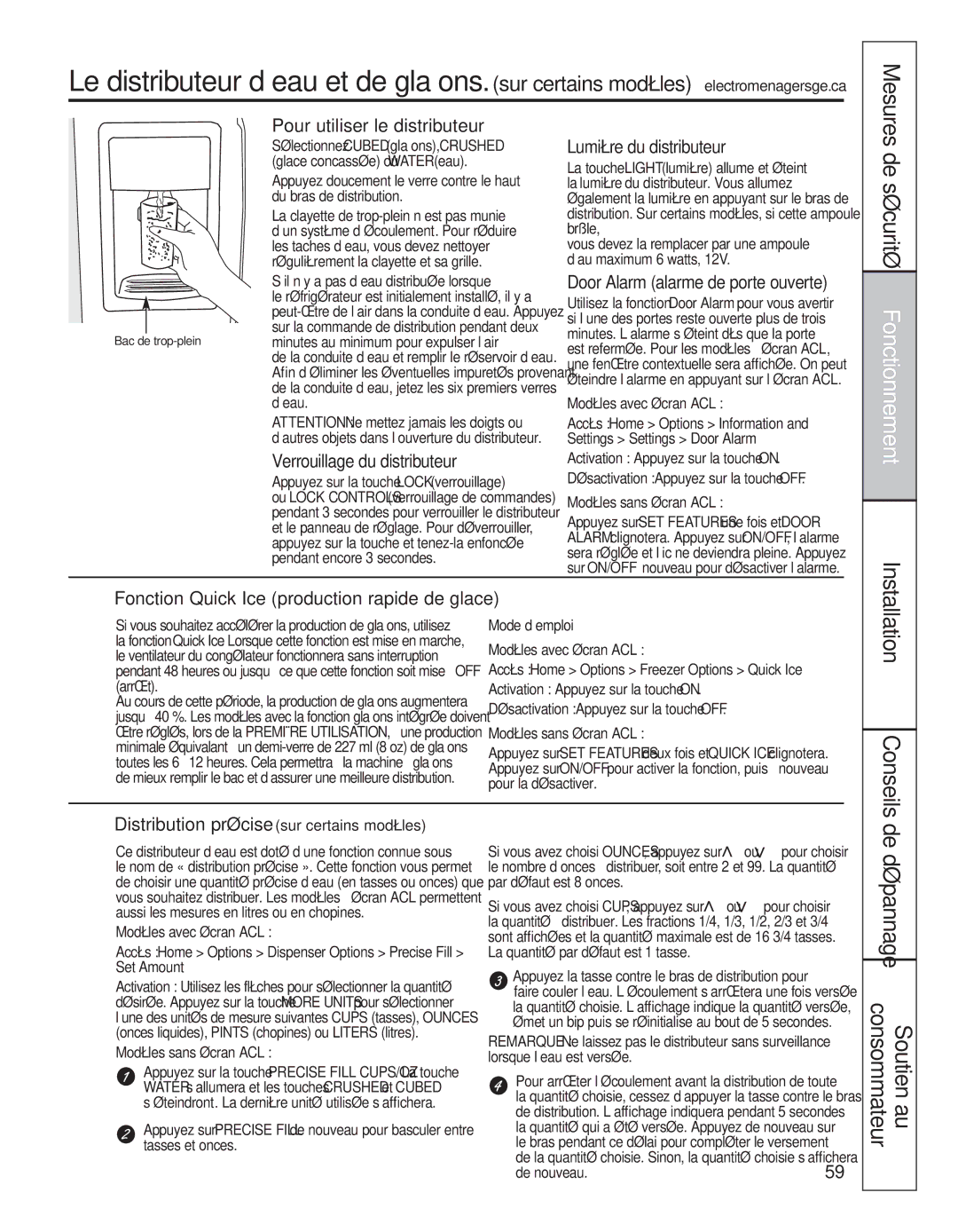 GE 200D8074P050 Pour utiliser le distributeur, Verrouillage du distributeur, Lumière du distributeur 