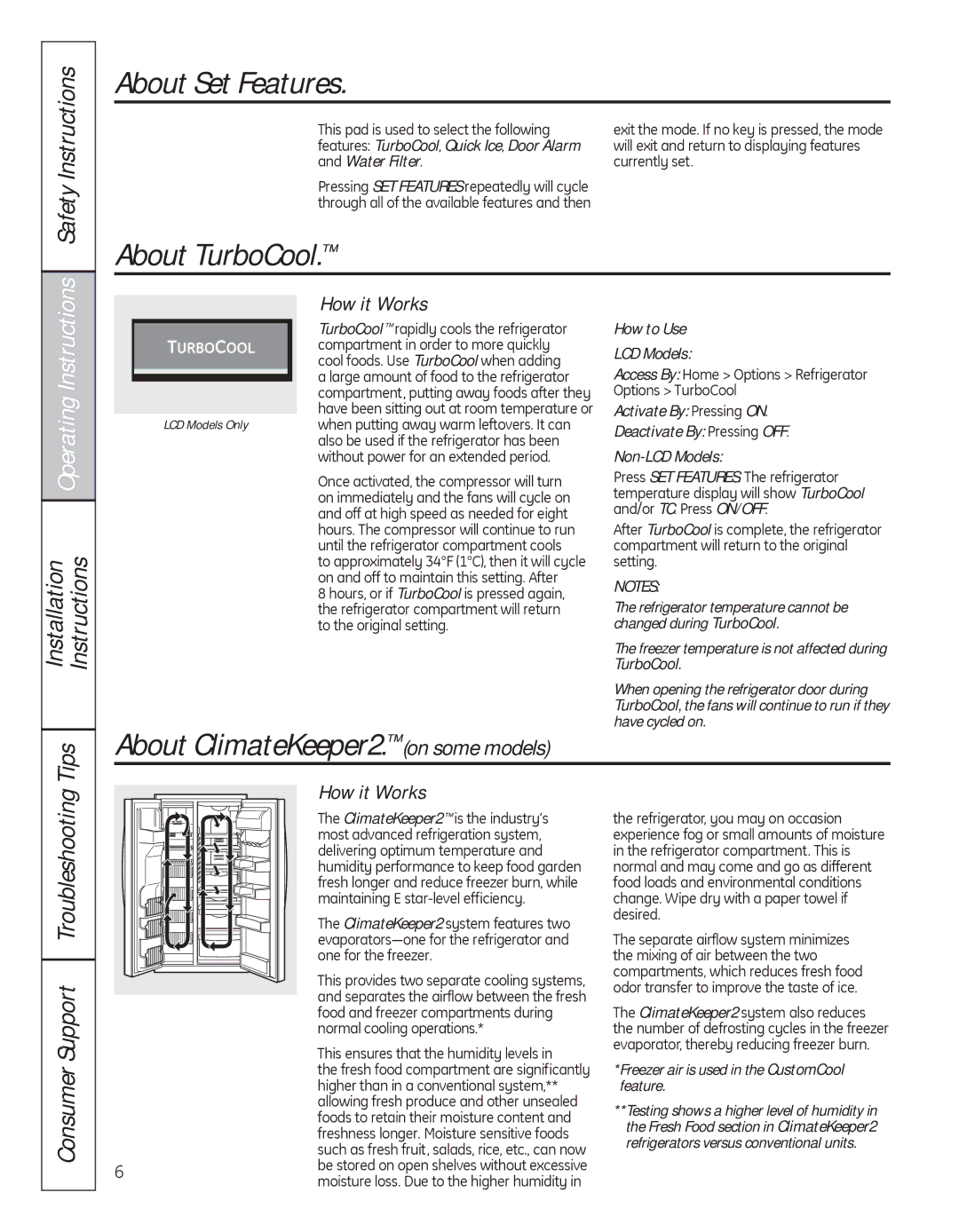 GE 200D8074P050 About Set Features, About TurboCool, About ClimateKeeper2. on some models, Safety Instructions, Tips 