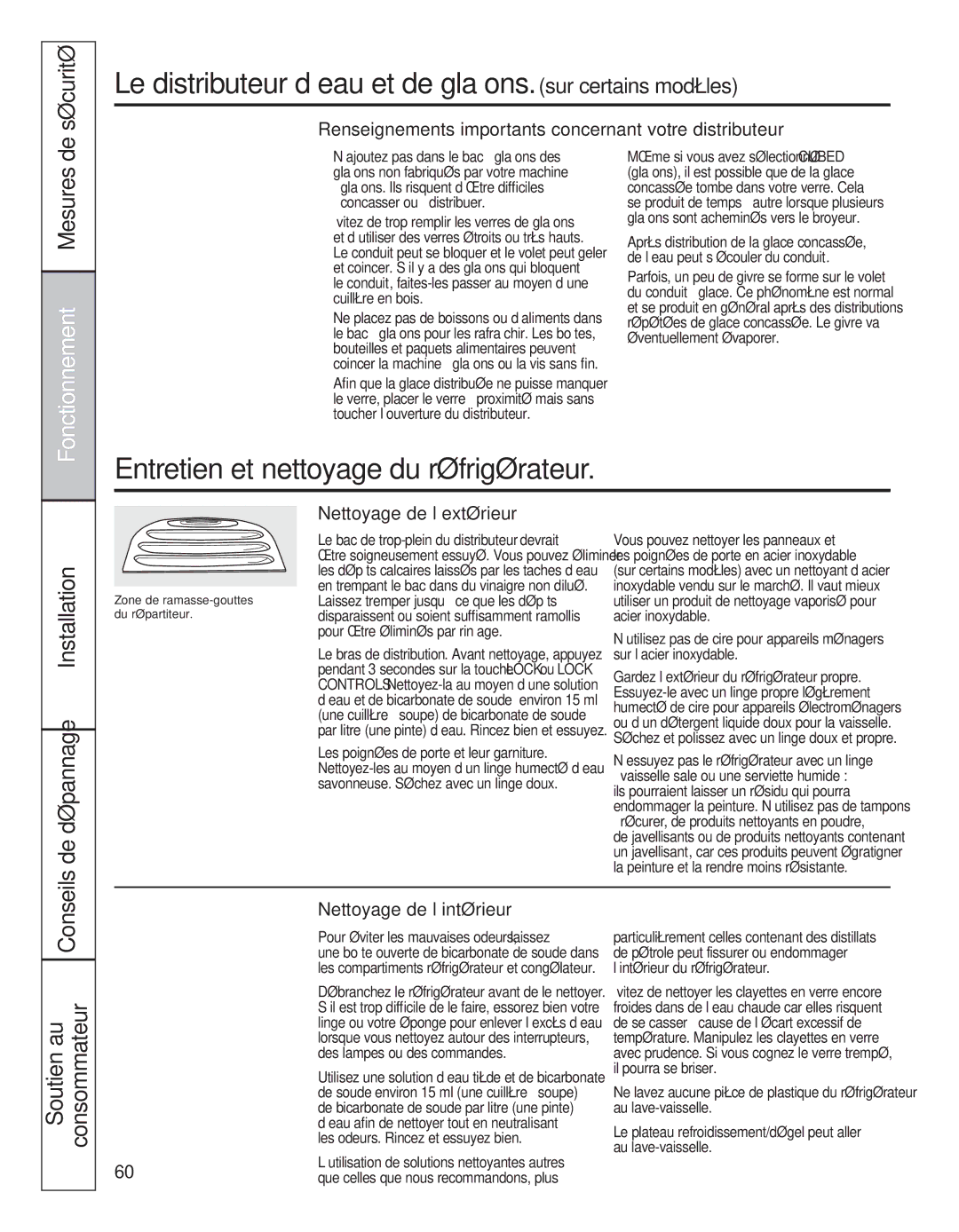 GE 200D8074P050 Le distributeur d’eau et de glaçons. sur certains modèles, Entretien et nettoyage du réfrigérateur 