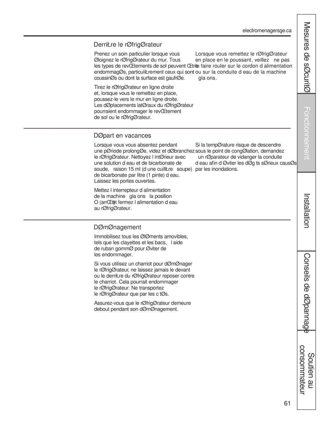 GE 200D8074P050 installation instructions Derrière le réfrigérateur, Départ en vacances, Déménagement, Installation 