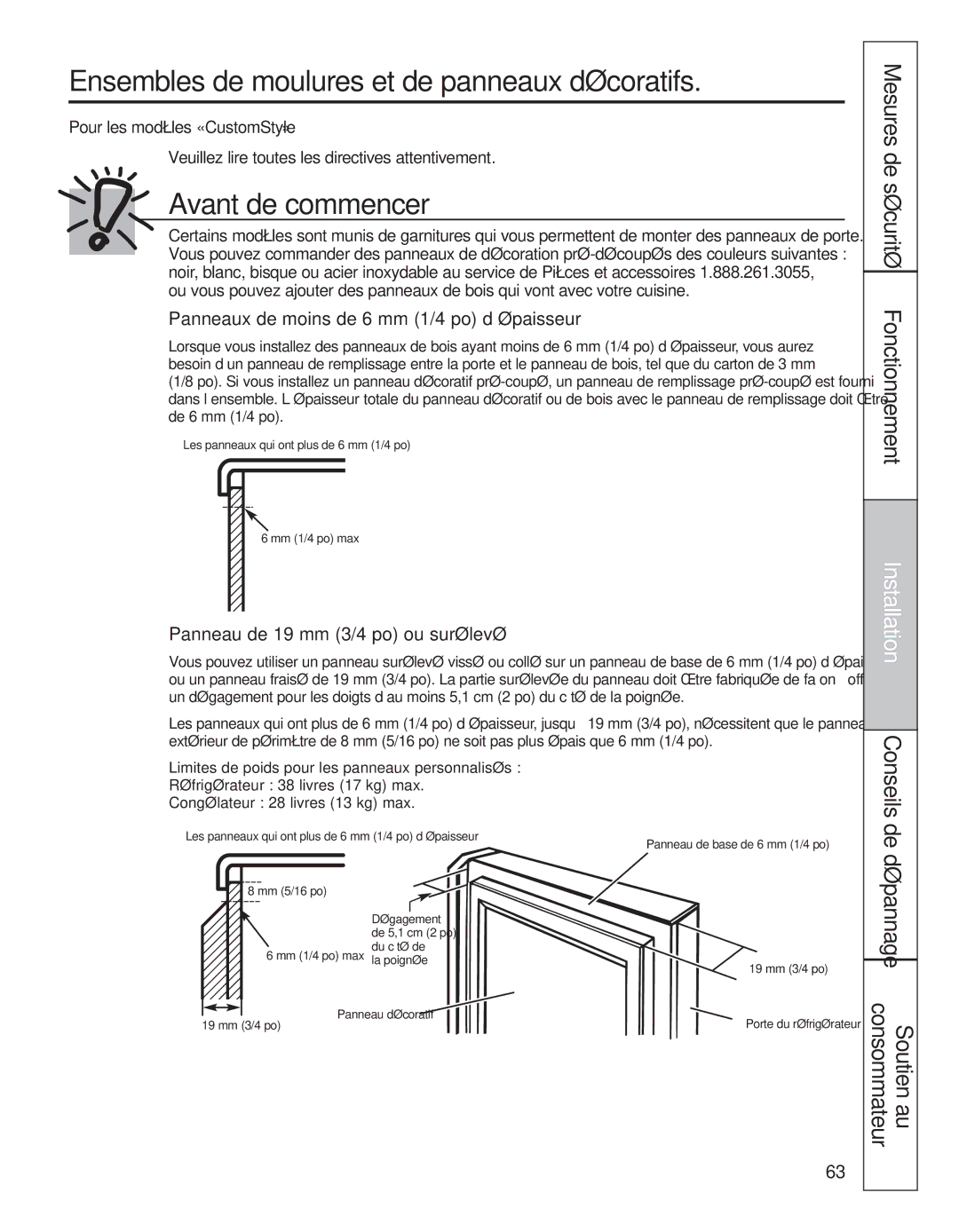 GE 200D8074P050 Ensembles de moulures et de panneaux décoratifs, Installation, Panneau de 19 mm 3/4 po ou surélevé 