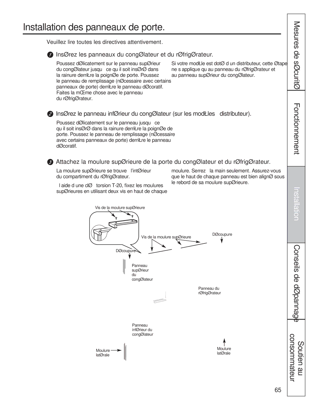 GE 200D8074P050 Installation des panneaux de porte, Insérez les panneaux du congélateur et du réfrigérateur 