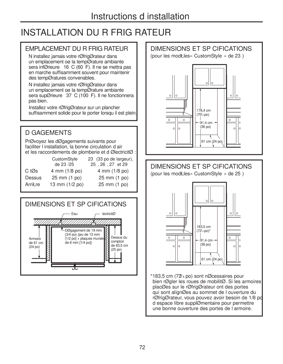 GE 200D8074P050 Installation DU Réfrigérateur, Emplacement DU Réfrigérateur, Dégagements, Dimensions ET Spécifications 