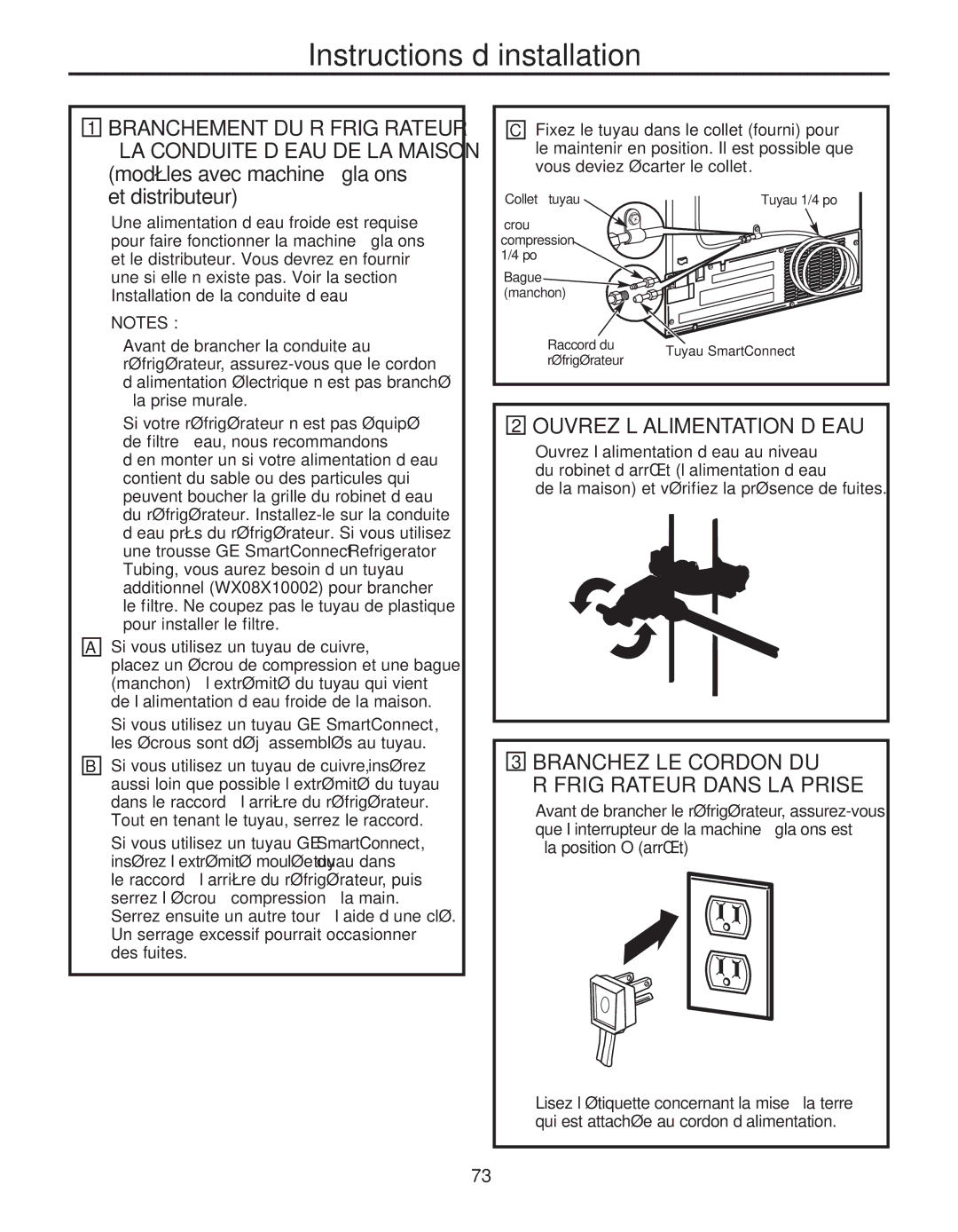 GE 200D8074P050 installation instructions Ouvrez L’ALIMENTATION D’EAU, Si vous utilisez un tuyau de cuivre 