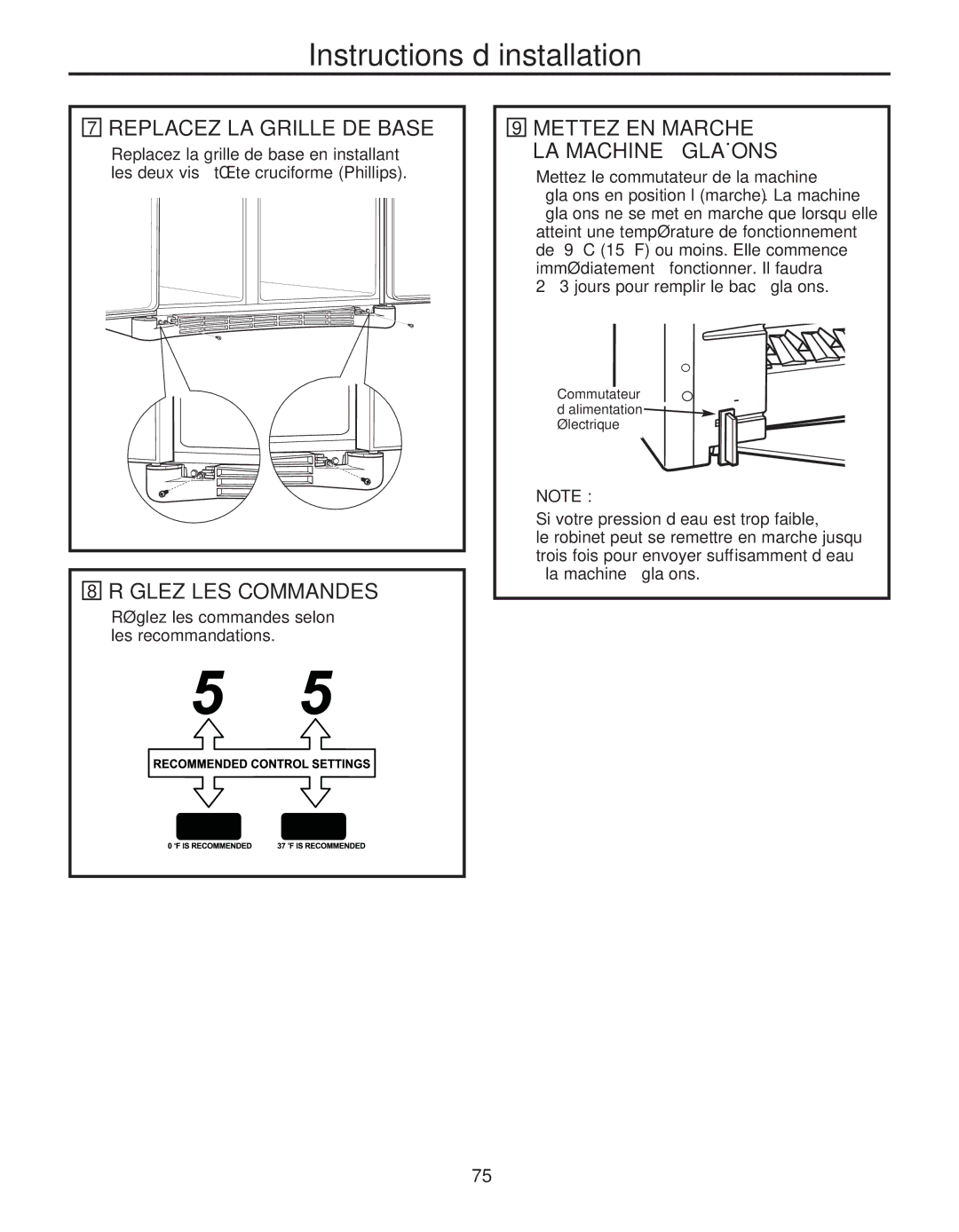 GE 200D8074P050 Replacez LA Grille DE Base, Réglez LES Commandes, Mettez EN Marche LA Machine À Glaçons 