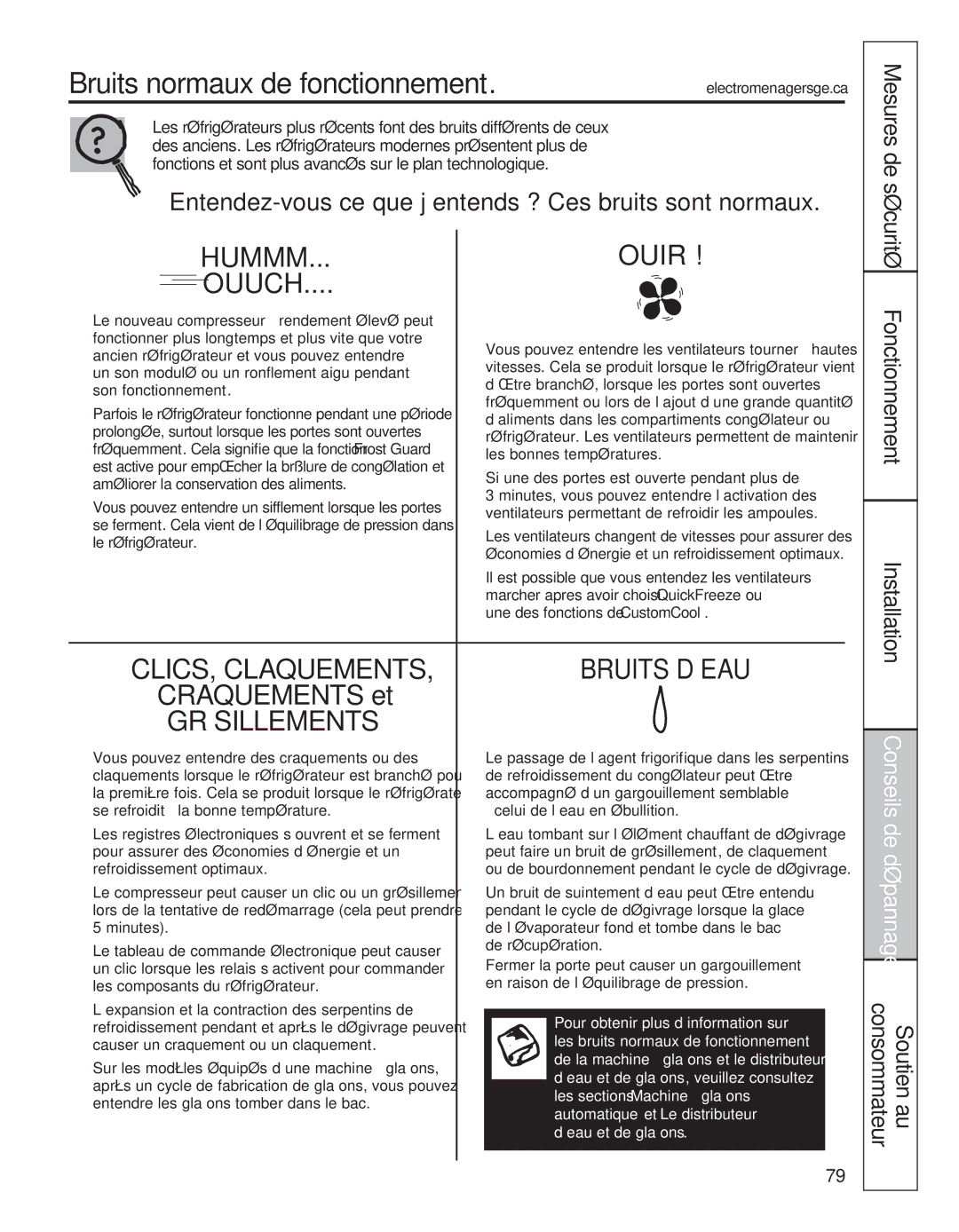 GE 200D8074P050 Bruits normaux de fonctionnement, Mesures de sécurité Fonctionnement Installation, CLICS, Claquements 