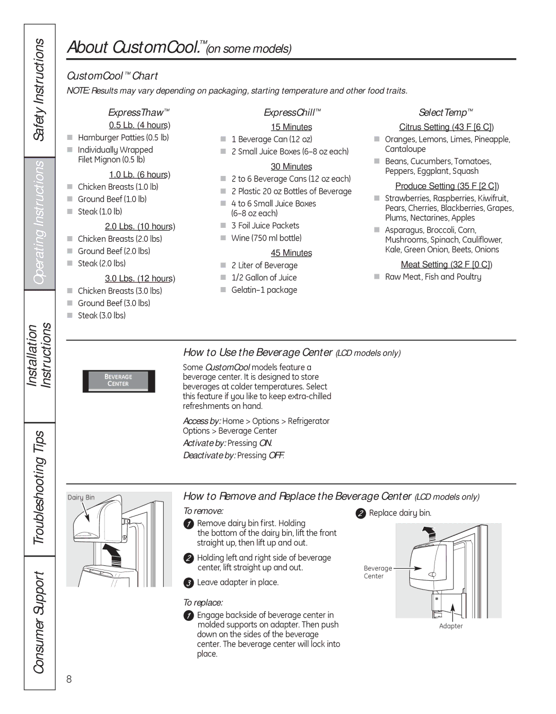 GE 200D8074P050 installation instructions Instructions, CustomCool Chart, How to Use the Beverage Center LCD models only 