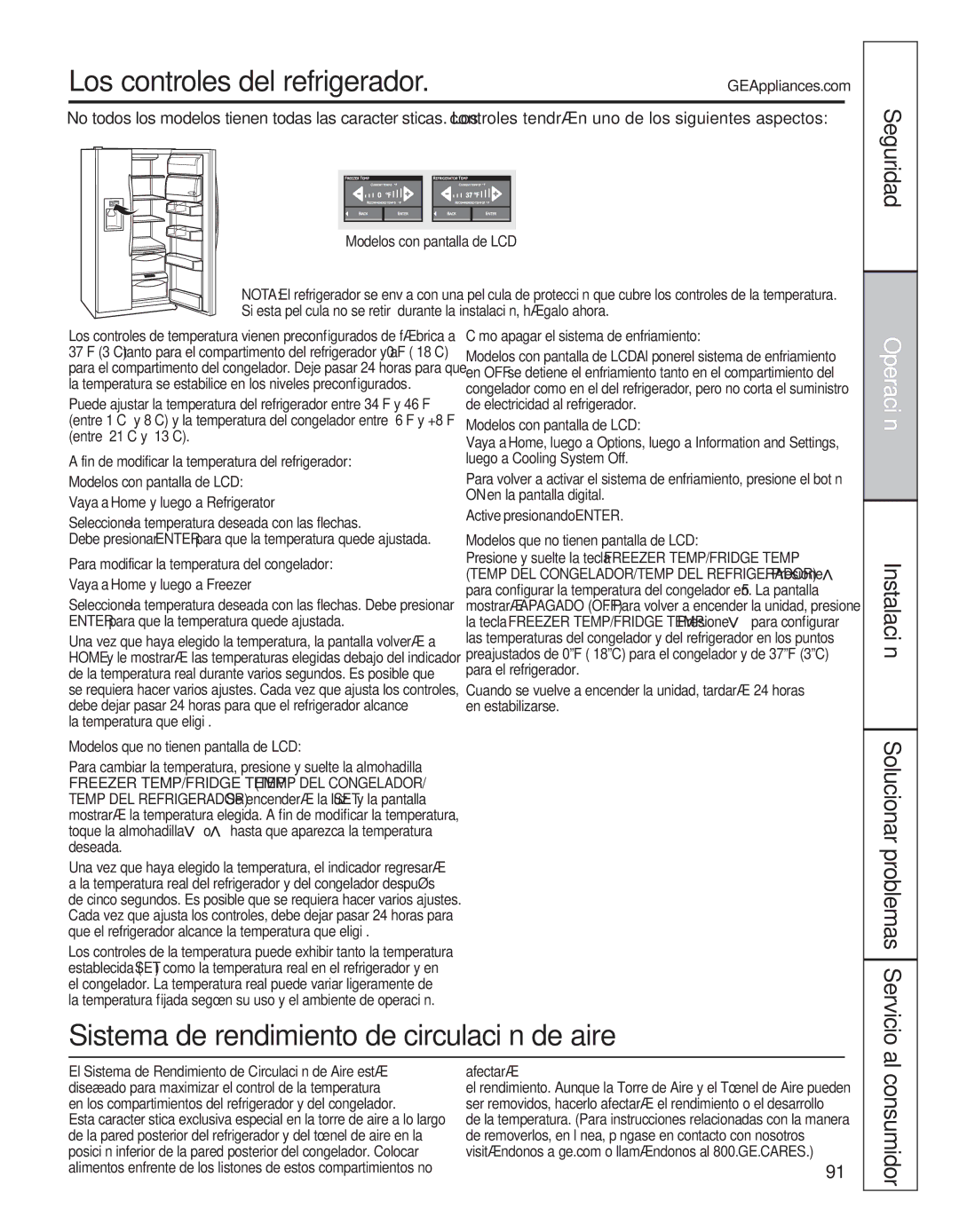 GE 200D8074P050 Los controles del refrigerador, Seguridad, Operación, Solucionar problemas Servicio 