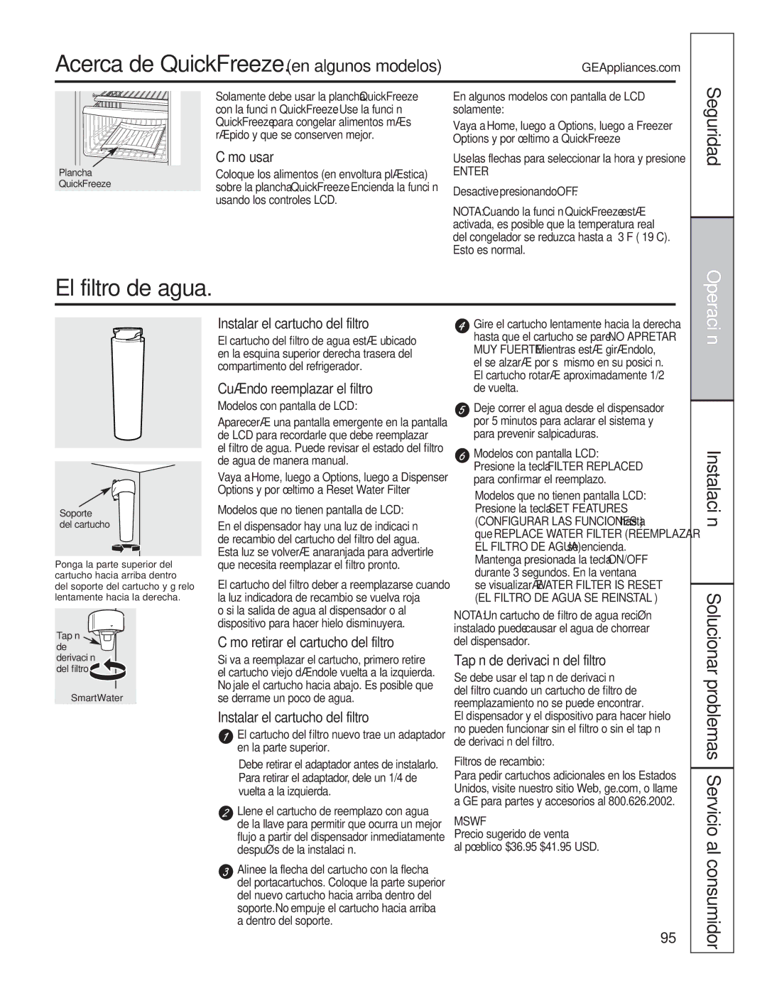 GE 200D8074P050 installation instructions Acerca de QuickFreeze. en algunos modelos, El filtro de agua 