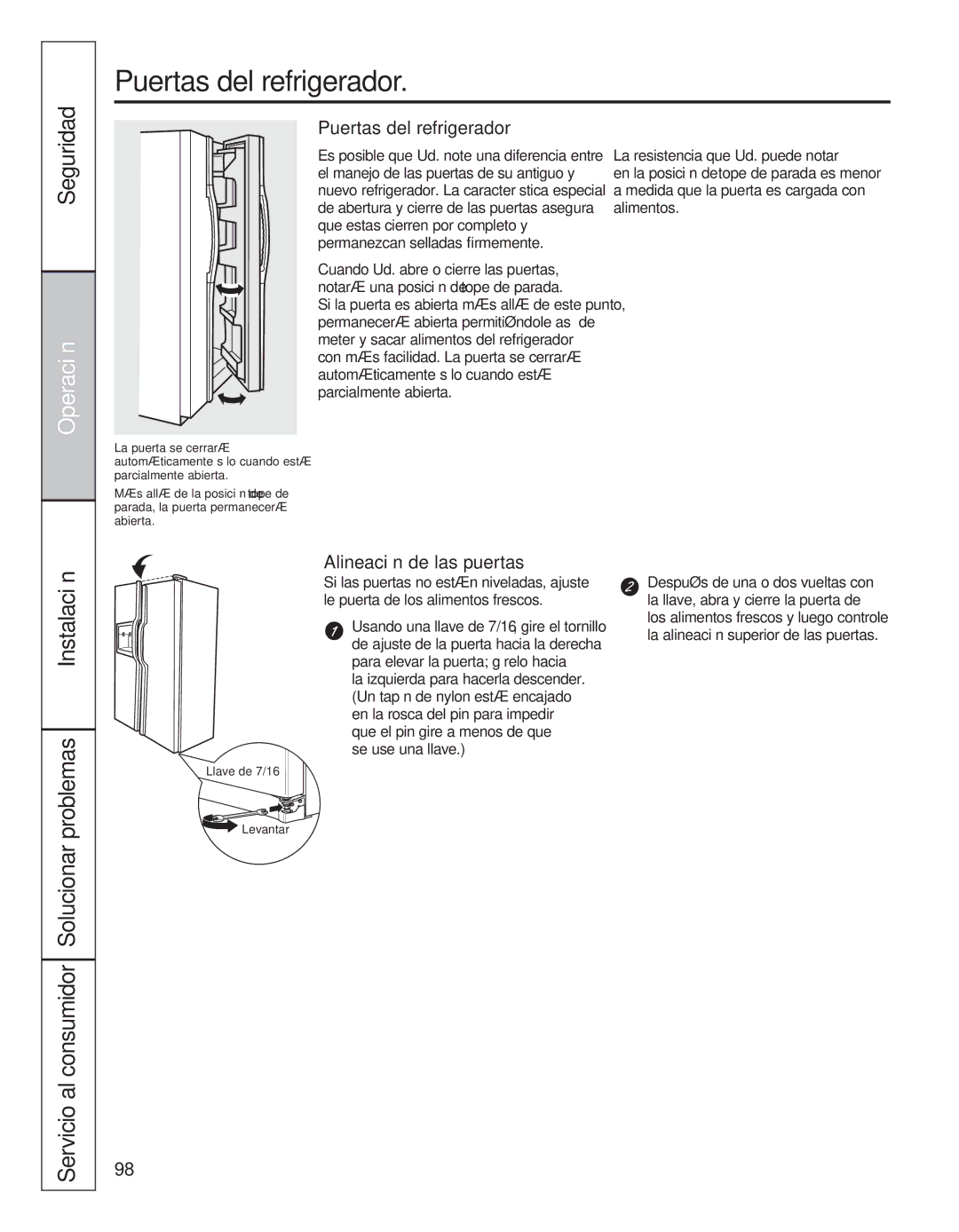 GE 200D8074P050 installation instructions Puertas del refrigerador, Alineación de las puertas, Se use una llave 