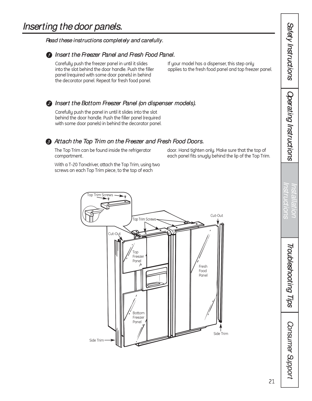 GE 200D8074P050 Inserting the door panels, Troubleshooting Tips Consumer Support, Installation Instructions 