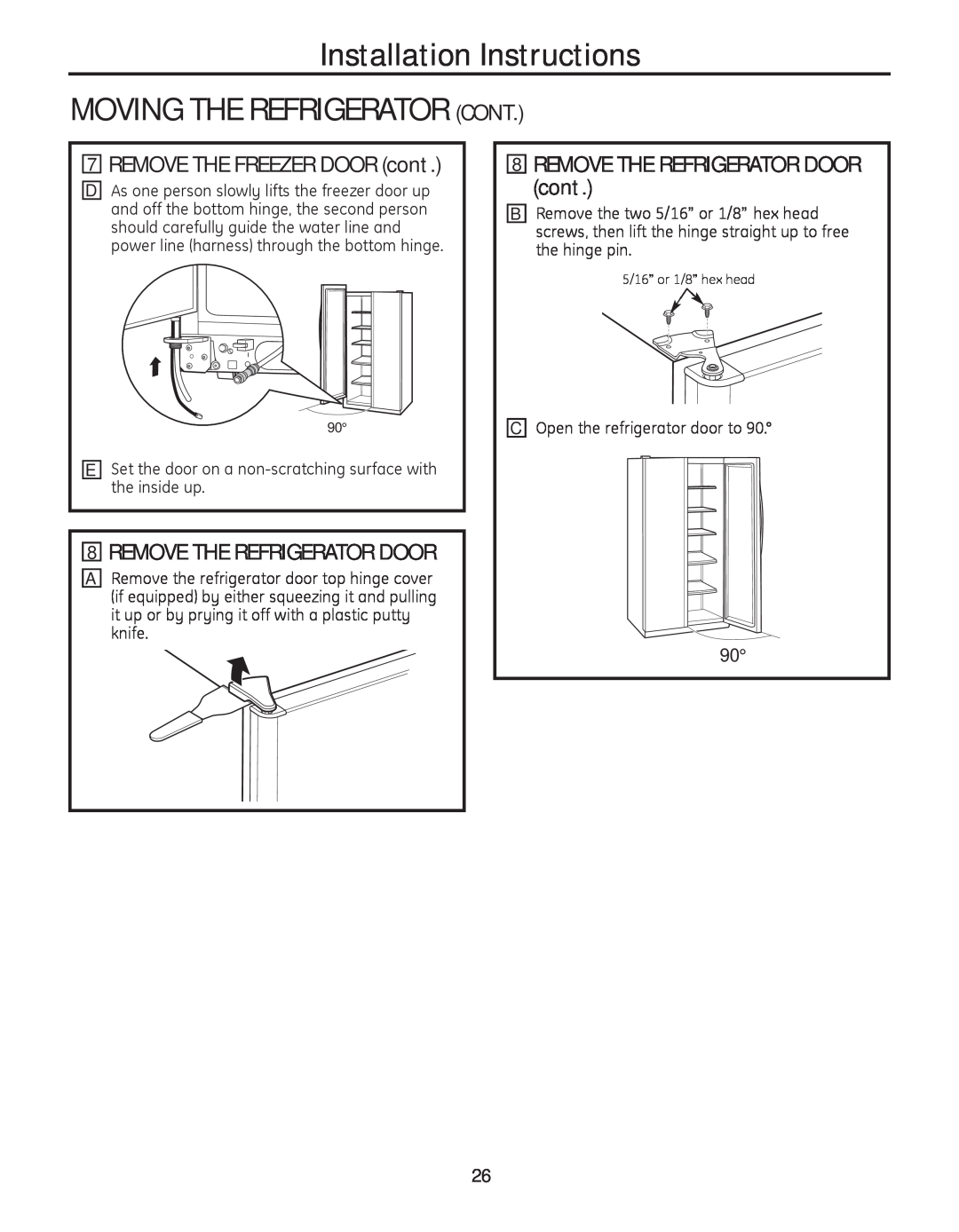 GE 200D8074P050 Installation Instructions MOVING THE REFRIGERATOR CONT, REMOVE THE FREEZER DOOR cont 