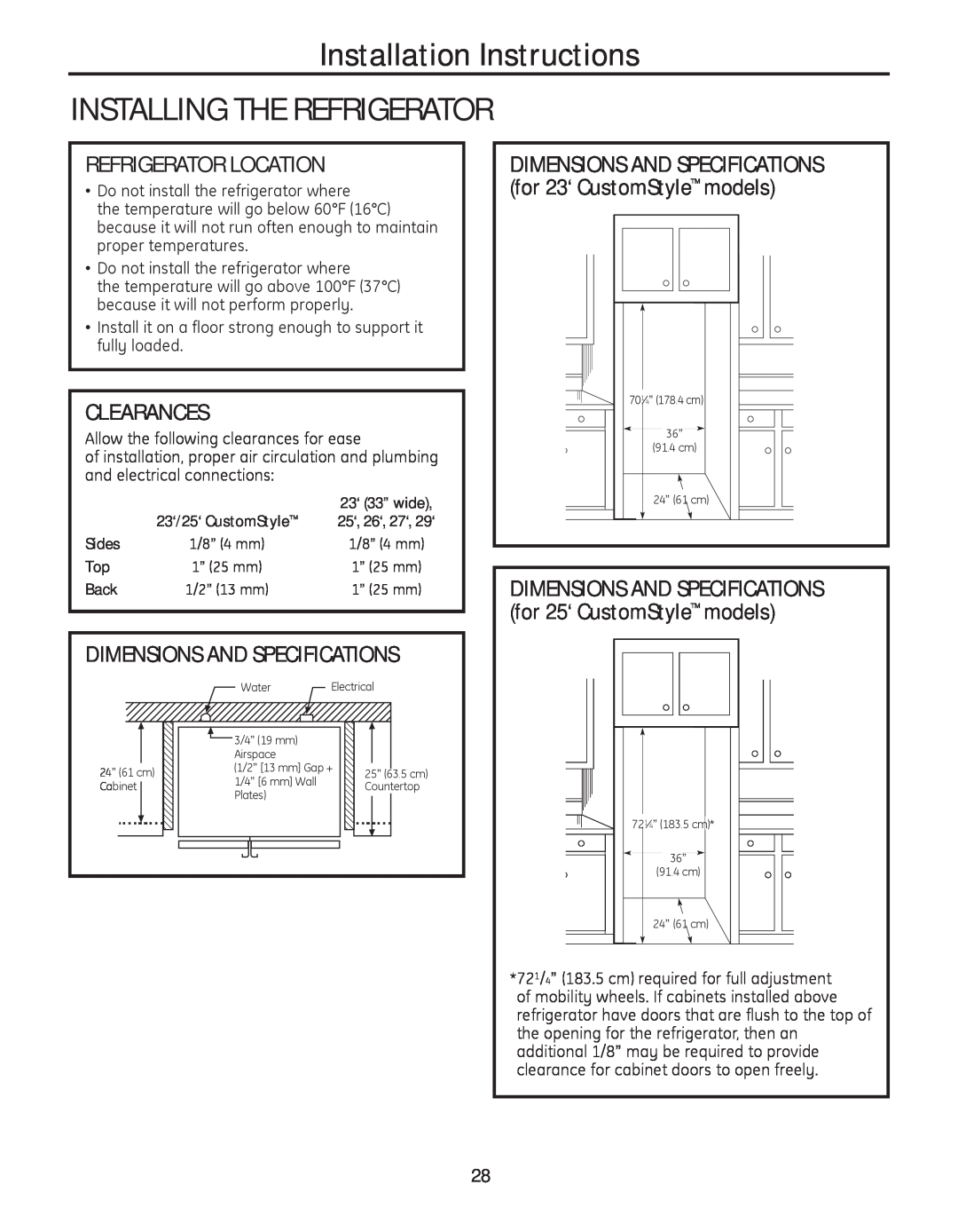 GE 200D8074P050 Installation Instructions INSTALLING THE REFRIGERATOR, Refrigerator Location, Clearances 