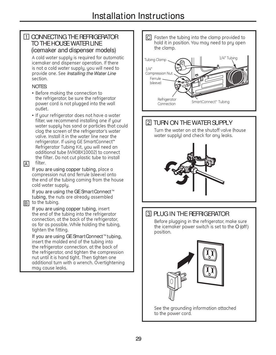 GE 200D8074P050 installation instructions Turn On The Water Supply, Plug In The Refrigerator, Installation Instructions 