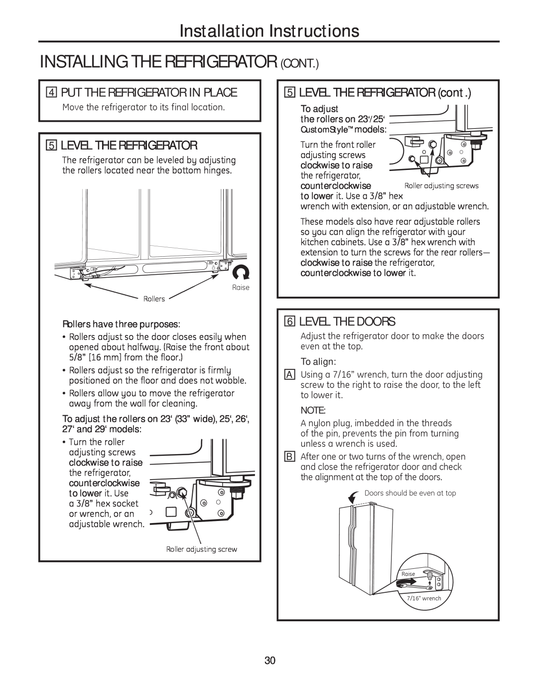 GE 200D8074P050 Installation Instructions INSTALLING THE REFRIGERATOR CONT, Put The Refrigerator In Place, Level The Doors 