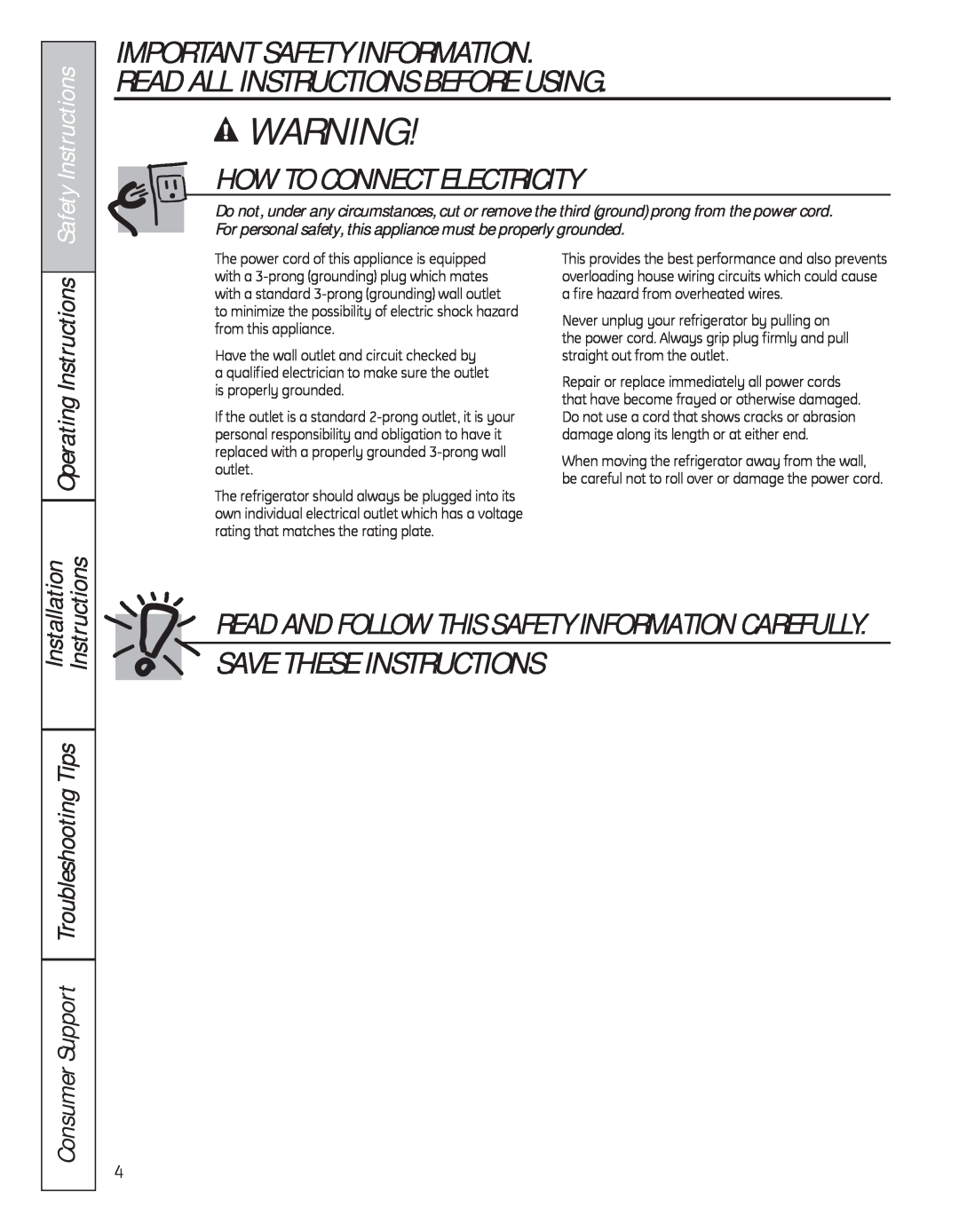 GE 200D8074P050 How To Connect Electricity, Save These Instructions, Operating Instructions, Safety Instructions 