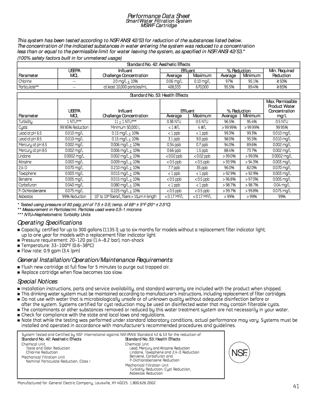 GE 200D8074P050 Performance Data Sheet, Operating Specifications, General Installation/Operation/Maintenance Requirements 