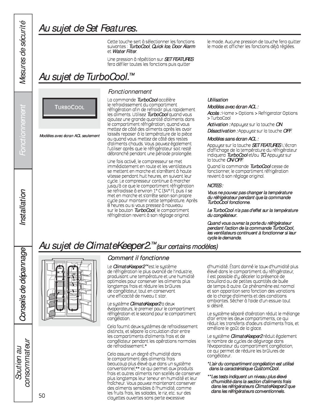 GE 200D8074P050 Au sujet de Set Features, Au sujet de TurboCool, Au sujet de ClimateKeeper2. sur certains modèles 