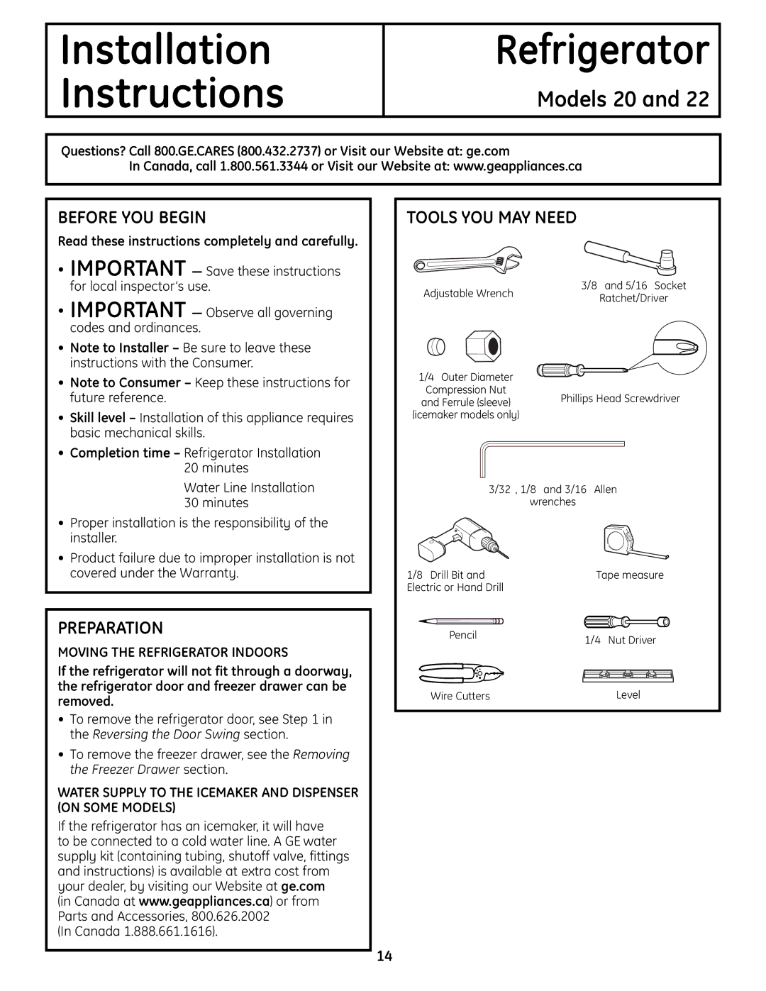 GE 200D9366P004 operating instructions Before YOU Begin, Preparation, Tools YOU MAY Need, Moving the Refrigerator Indoors 