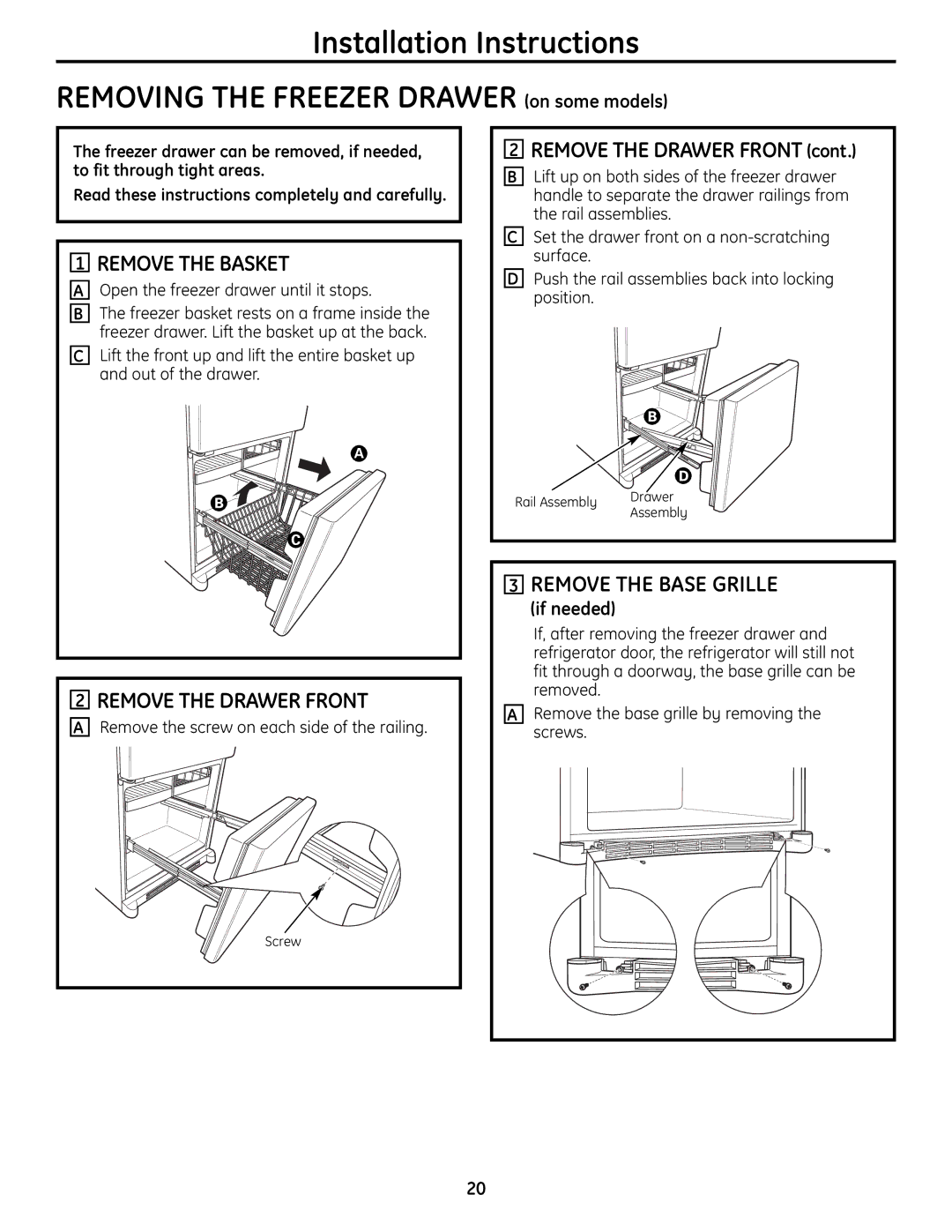 GE 200D9366P004 operating instructions Removethebasket, Removethedrawerfront, Remove the Base Grille 