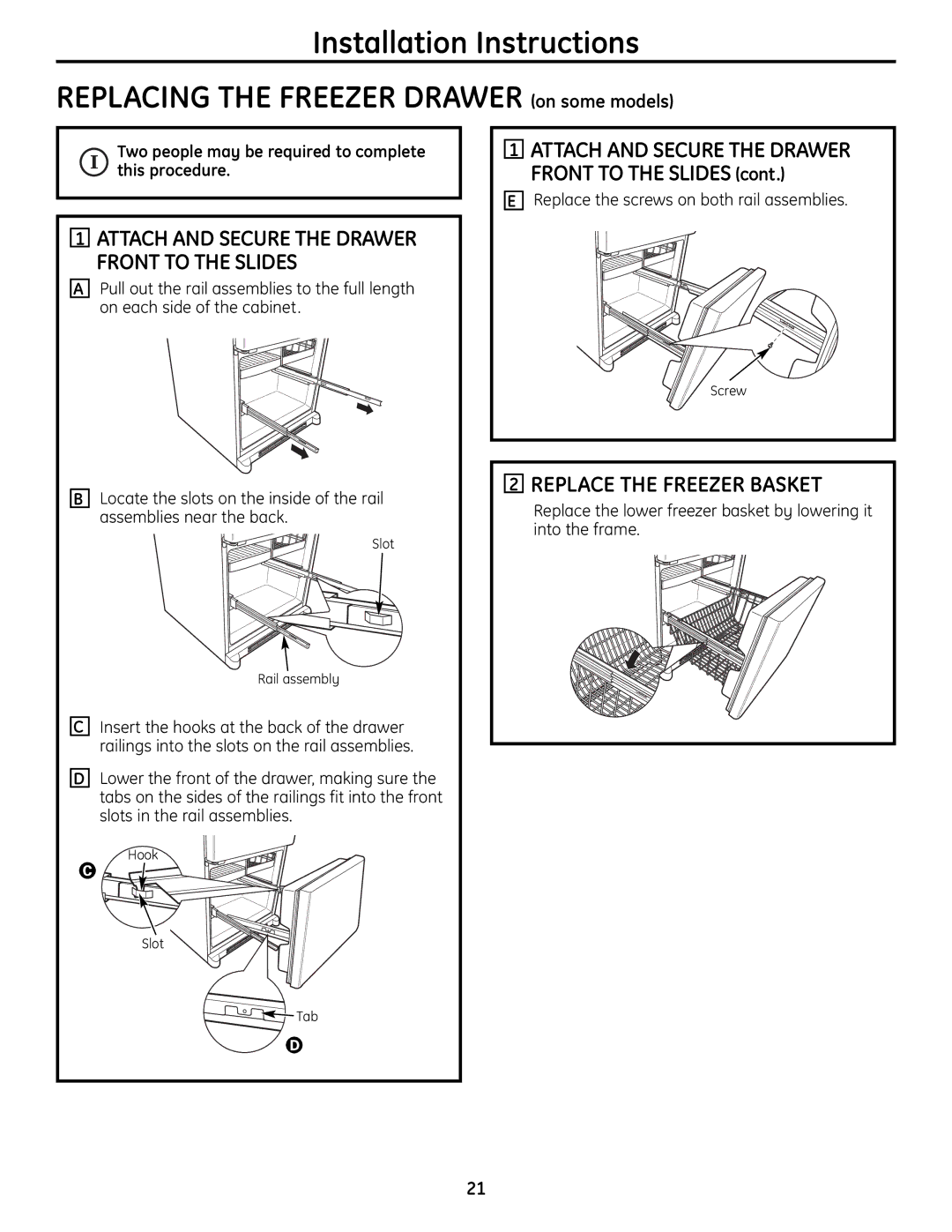 GE 200D9366P004 operating instructions Replace the Freezer Basket, Attachand Securethedrawer Front Totheslides 