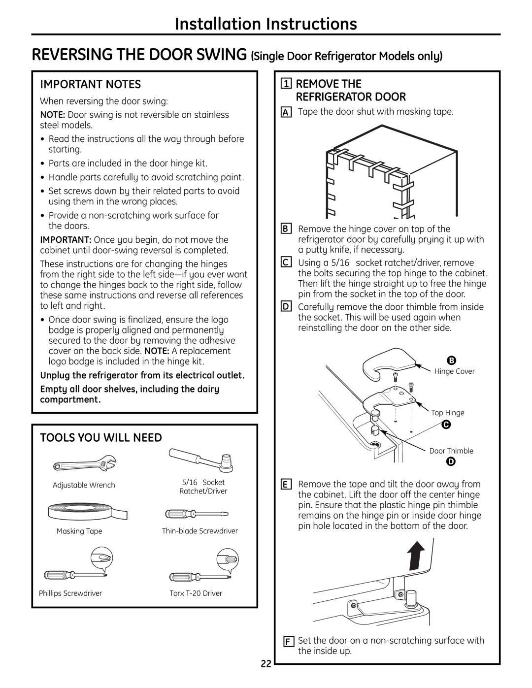 GE 200D9366P004 Reversingthedoorswing Single Door Refrigerator Models only, Important Notes, Tools YOU will Need 