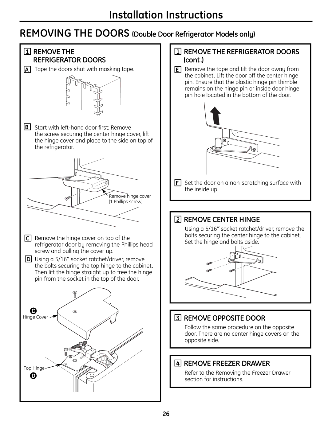 GE 200D9366P004 Removing the Doors Double Door Refrigerator Models only, Removetherefrigerator Doors, Removecenterhinge 