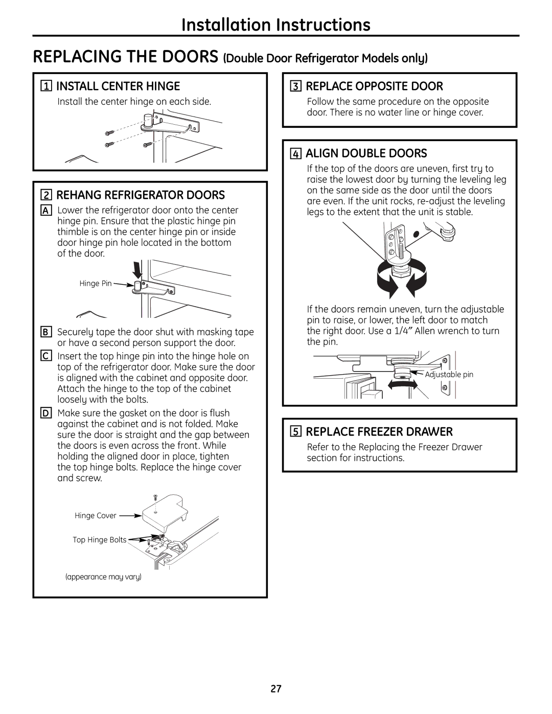 GE 200D9366P004 Install Centerhinge, Rehangrefrigeratordoors, Replaceopposite Door, Align Double Doors 