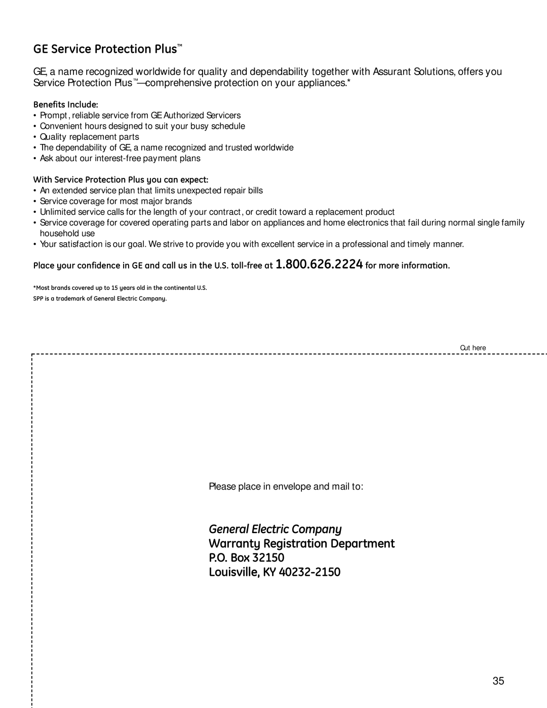 GE 200D9366P004 operating instructions GE Service Protection Plus, Warranty Registration Department Box Louisville, KY 