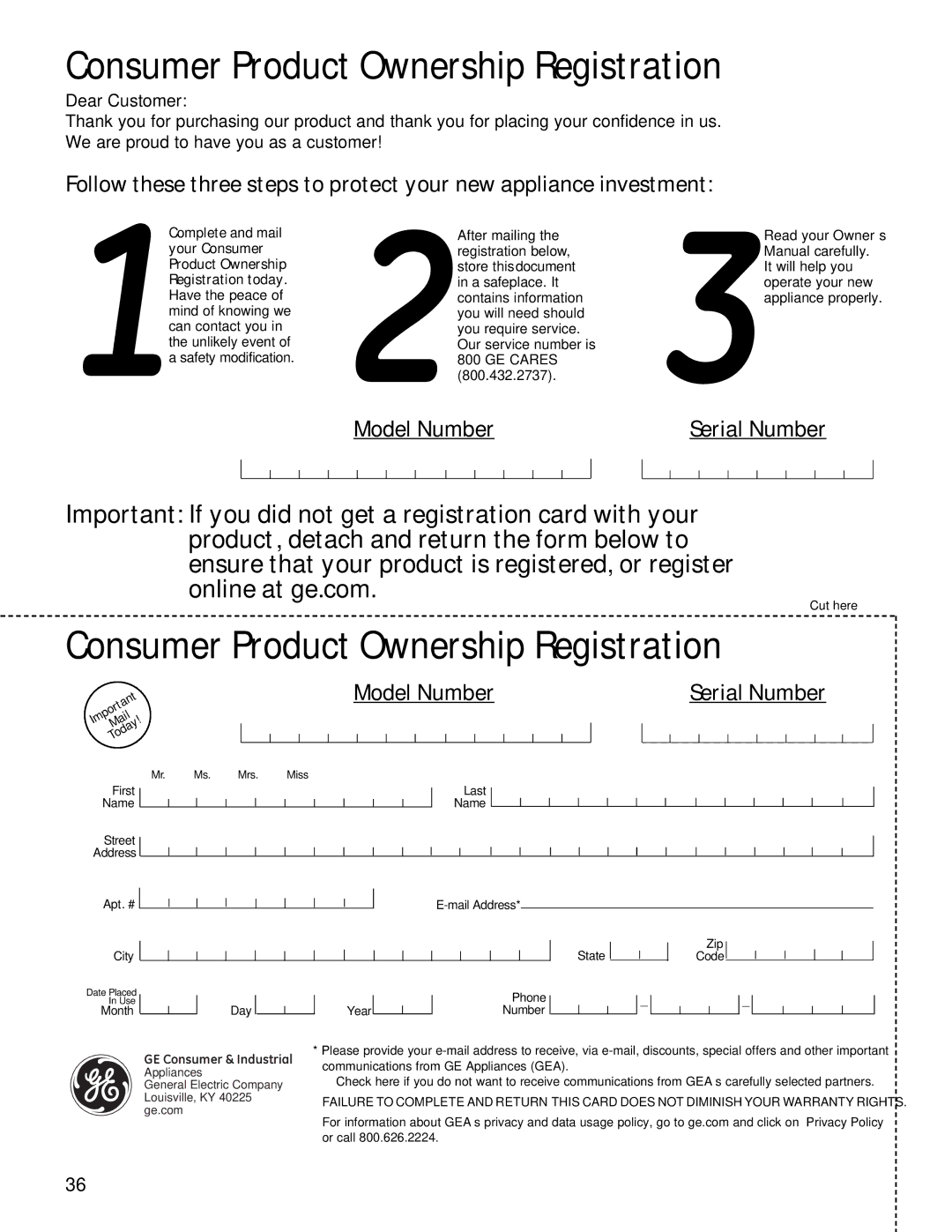 GE 200D9366P004 operating instructions Consumer Product Ownership Registration, Model Number 