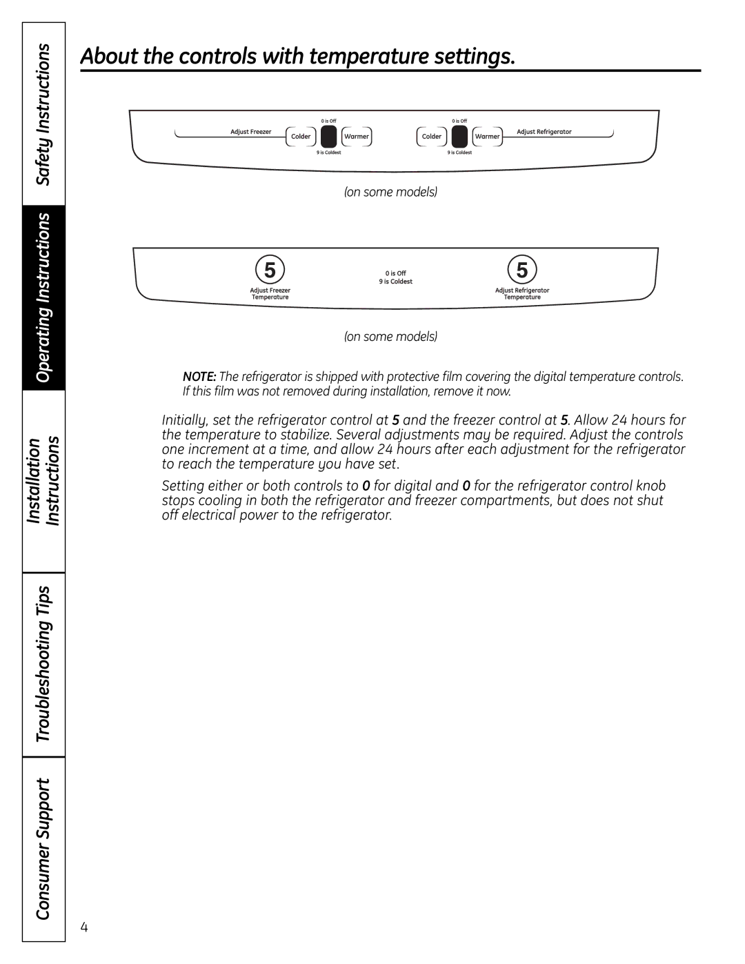 GE 200D9366P004 operating instructions About the controls with temperature settings 