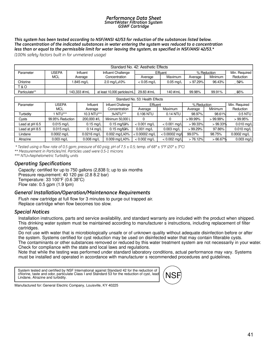 GE 200D9366P004 Performance Data Sheet, Operating Specifications, General Installation/Operation/Maintenance Requirements 